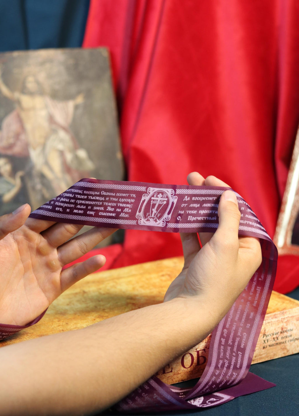 Orthodox Silk Prayer Belt 45” with Psalm 90 & Resurrection Prayer – Blessed Christian Slavic Text Protection Ribbon