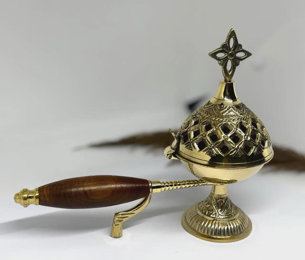 Incense Burner 5.9in Metal Censer Wooden Handle, Orthodox Censer, Religious Decor