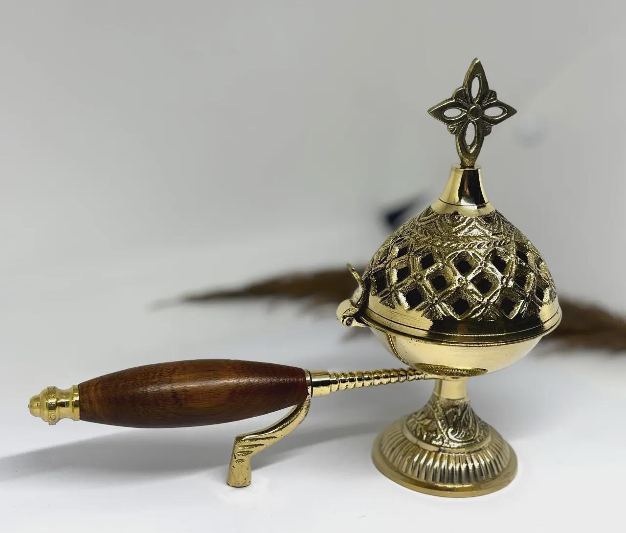 Incense Burner 5.9in Metal Censer Wooden Handle, Orthodox Censer, Religious Decor