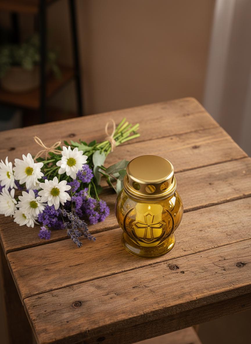 Glass Vigil Lamp 8h, Yellow Candle Lamp, Orthodox Lampada, Memorial Candle, Church Candle Holder