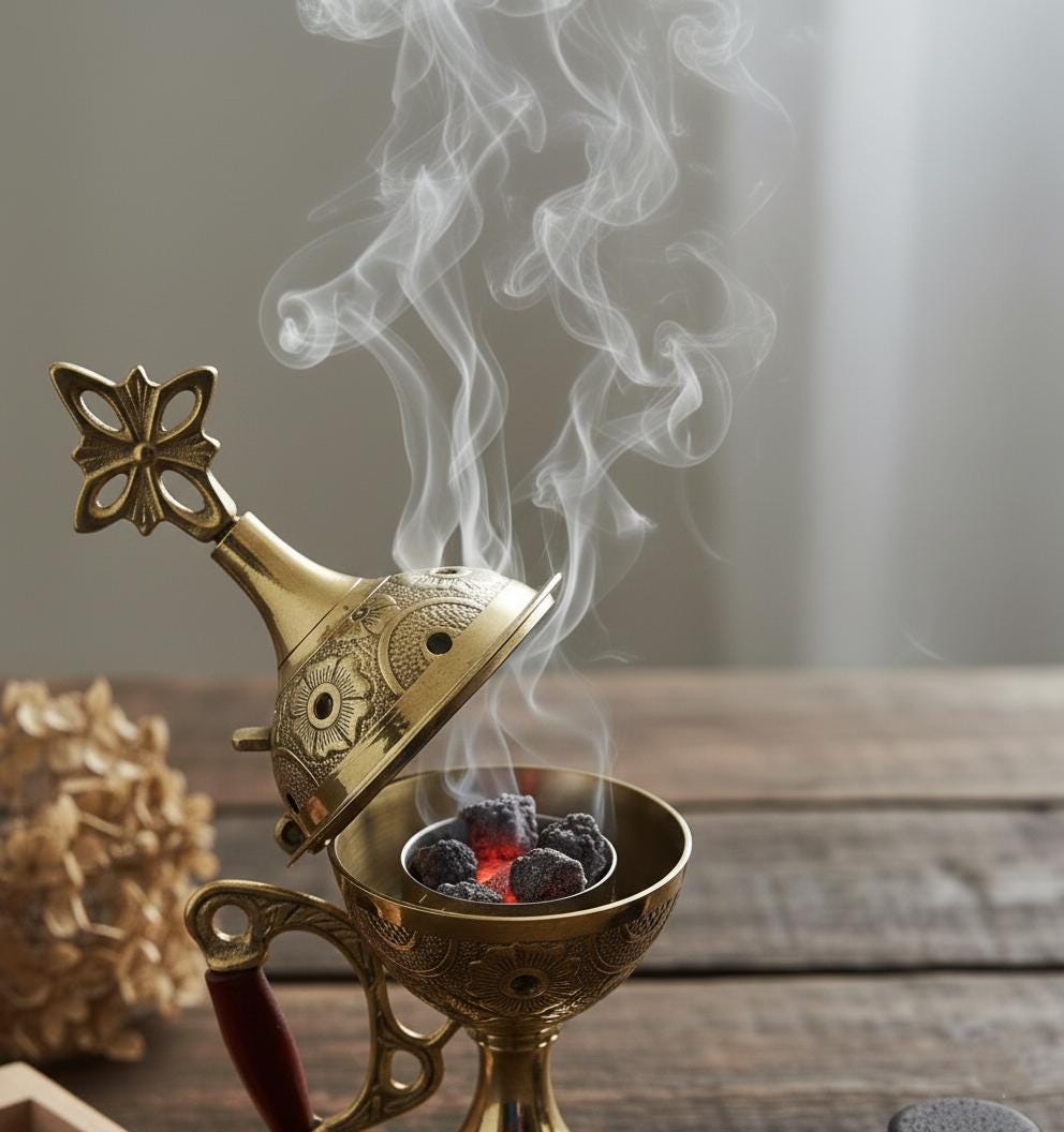 Metal Incense Burner 6.7in Set – Greek Censer with Embossed Design, 50g Greek Incense, 24mm Charcoal Tablets, Orthodox Prayer Kit