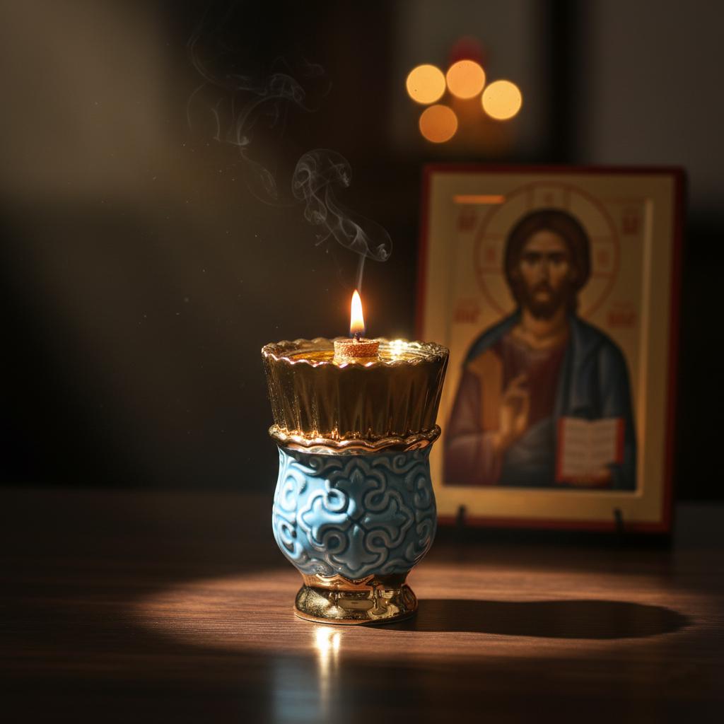 Blue Ceramic Lamp Set 2.17×4.33 in, with 10 Wicks & Floater, Orthodox Lamp, Icon Lamp, Prayer Light, Religious Decor