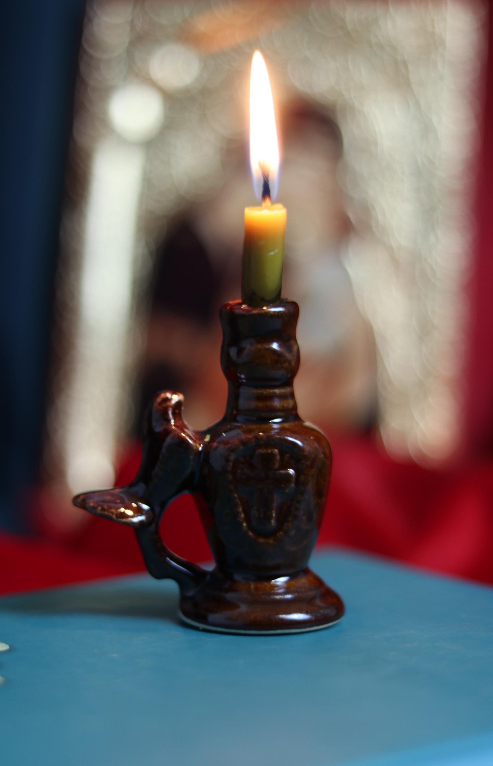 Ceramic Candle Holder with Dove and Cross Relief – Handmade Religious Pottery – 7cm Brown Glazed