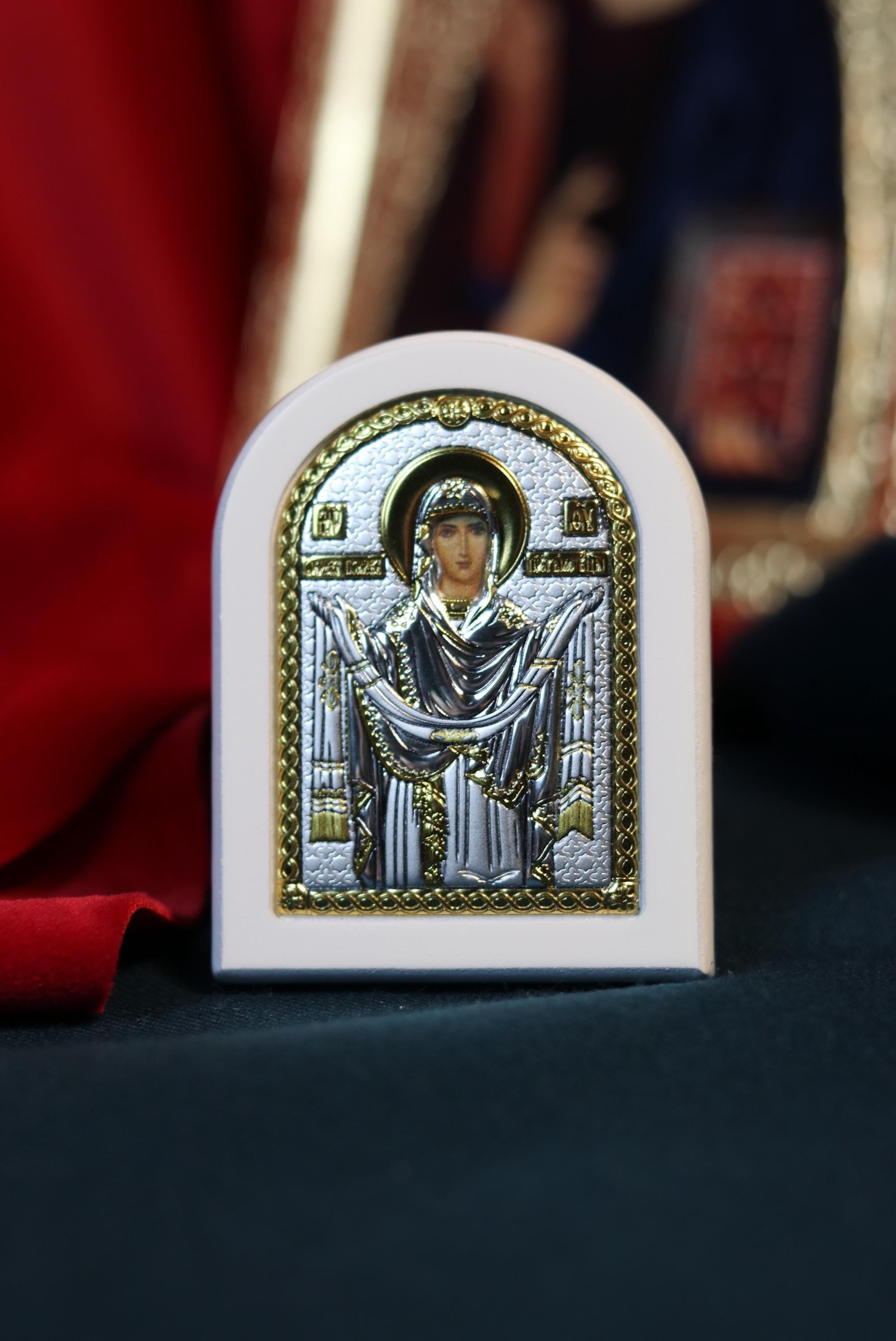 Orthodox Icon Virgin Mary Pokrov 2.36"x2.95" | Silver 925 Gold Gilded | Small Arch Religious Icon | Blessed in Church | Christian Gift