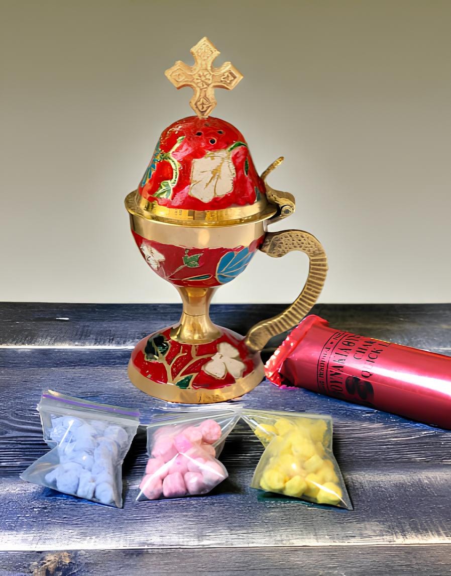 Incense burning set: metal enamel censer 5.9 in, 50 grams of Greek incense, 6 coals 24 mm.
