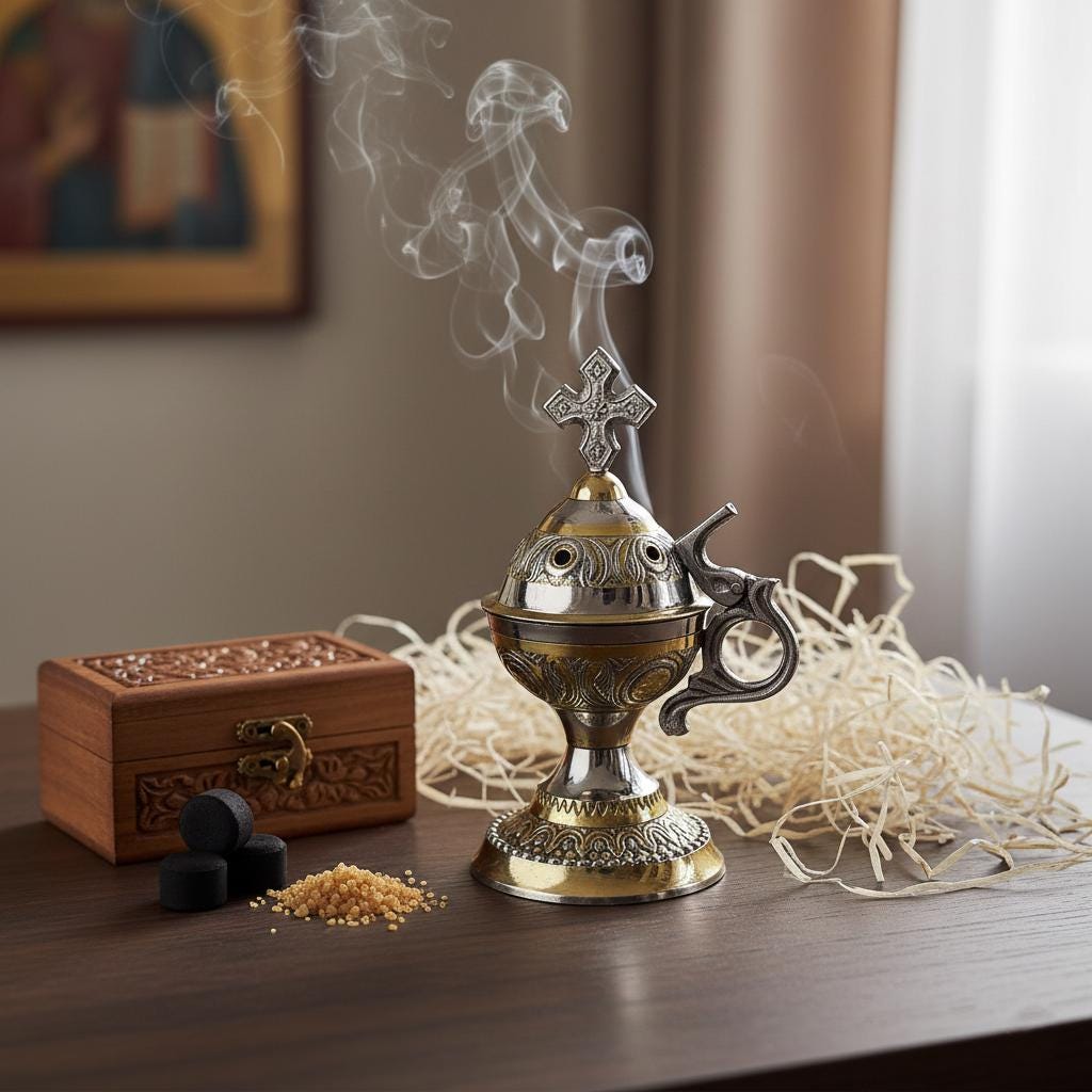 Incense Burner 5.5in x 2.3in Set, Greek Censer, Home Censer, Orthodox Incense, Church Incense.