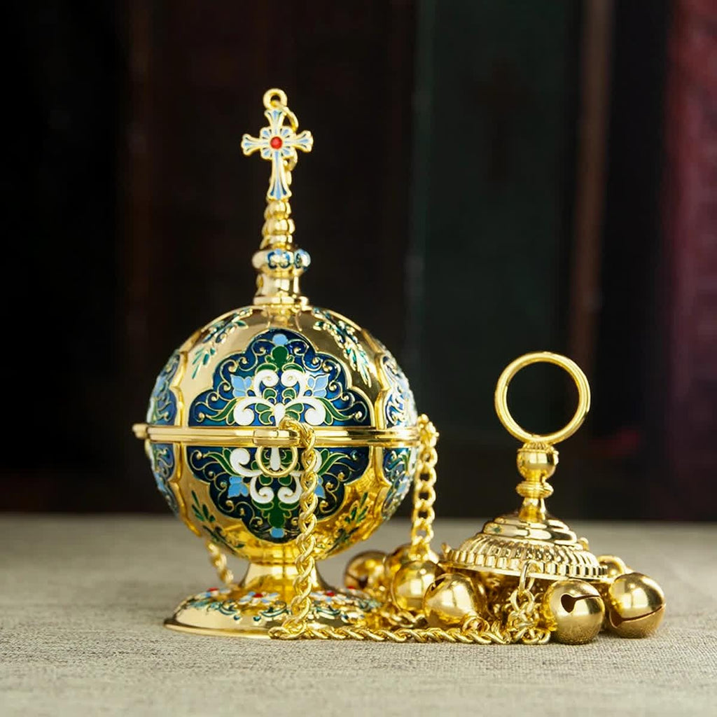 Orthodox Hanging Censer 25.6in | Brass Church Incense Burner with Bells | Enamel Design in Blue or Pink