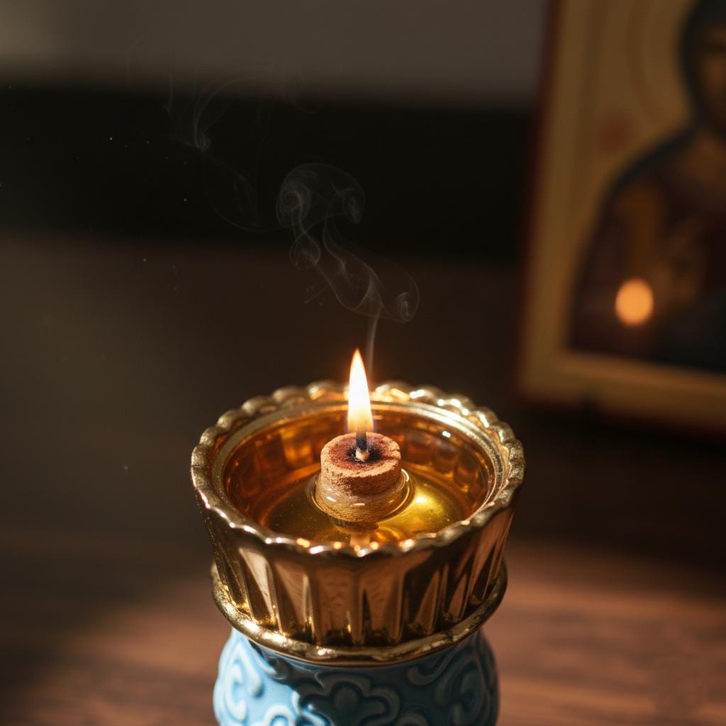 Blue Ceramic Lamp Set 2.17×4.33 in, with 10 Wicks & Floater, Orthodox Lamp, Icon Lamp, Prayer Light, Religious Decor