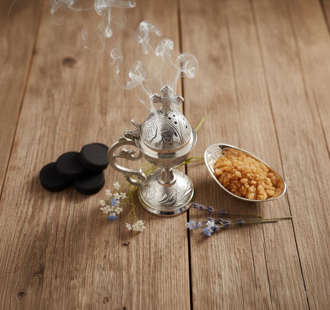Orthodox Prayer Set: 5.5 in × 3.1 inch gold metal censer, 50 grams of incense, 6 charcoal tablets.
