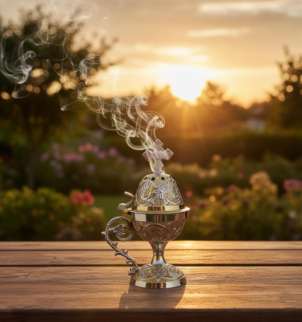 Orthodox Prayer Set: 5.5 in × 3.1 inch gold metal censer, 50 grams of incense, 6 charcoal tablets.