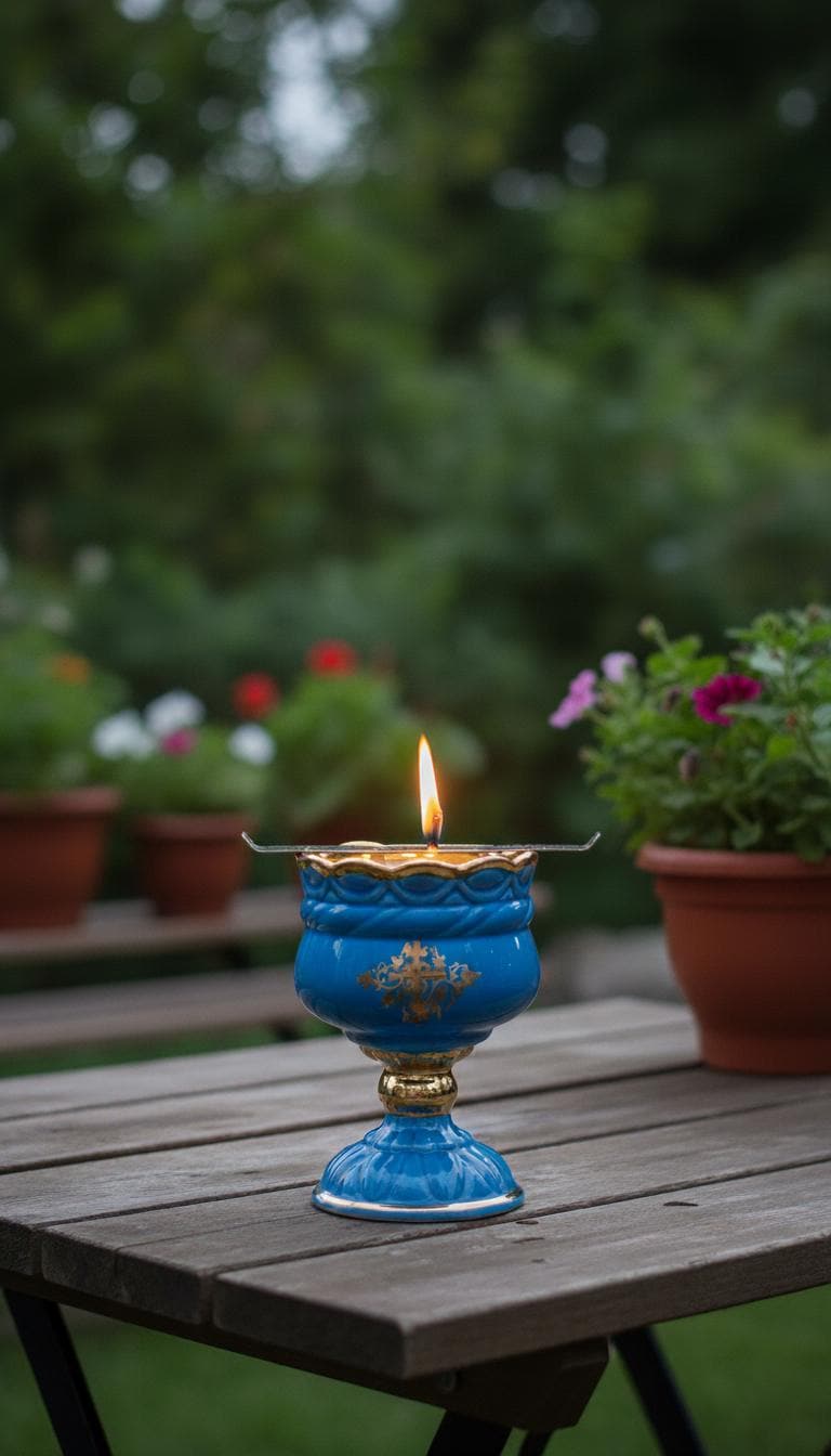 Ceramic Table Oil Lamp 5.5in Blue. Set includes: Lamp body, glass insert, float, 10 wicks