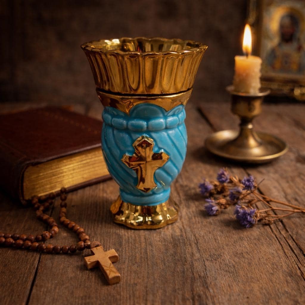 Orthodox Oil Lamp 5.1 inches, Ceramic Lampada with Cross, Christian Prayer Lamp