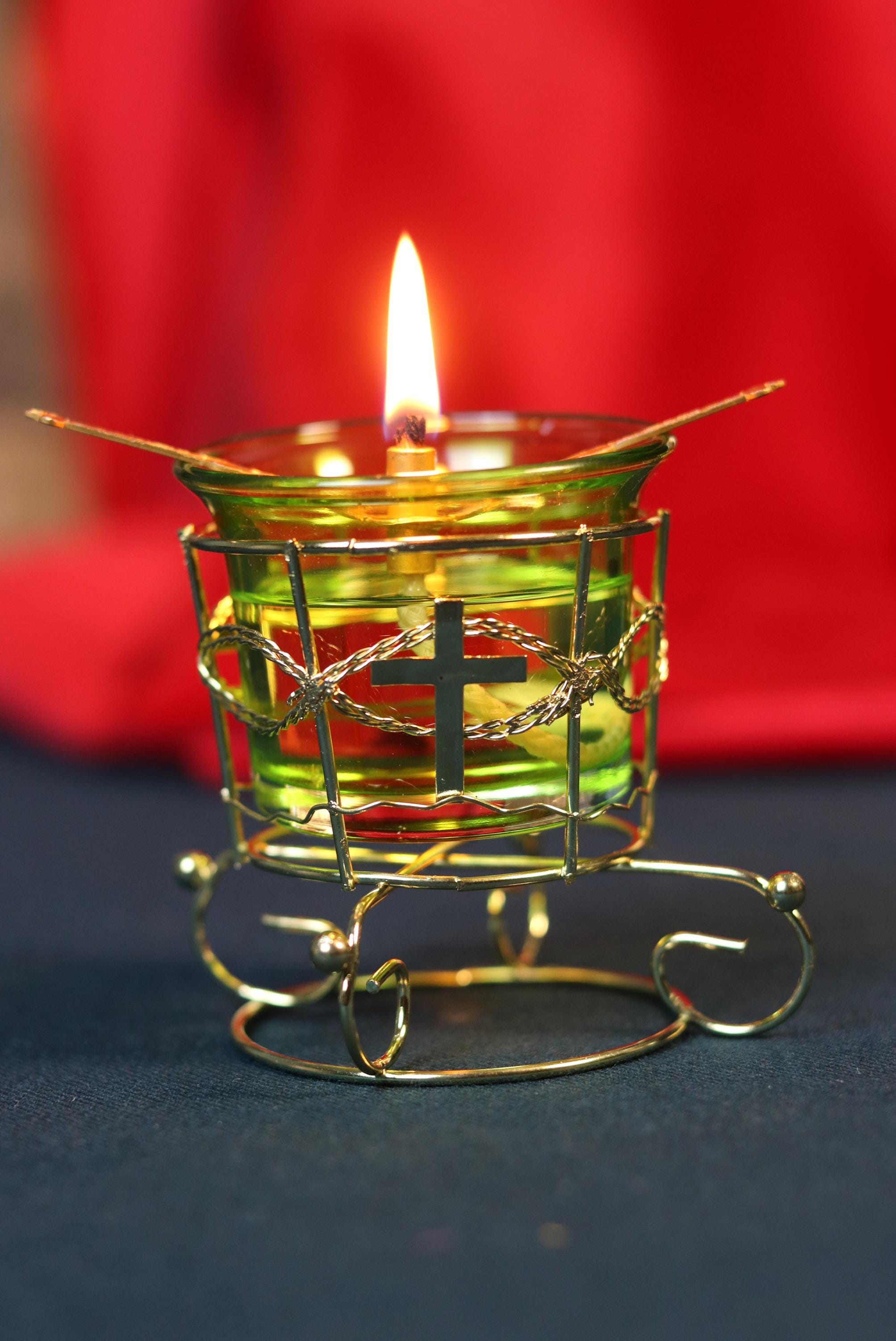 Green Glass Oil Lamp in Metal Stand 2in  – Orthodox Candle Holder for Prayer, Aromatherapy, Altar Decor, Christian Gift, Orthodox prayer