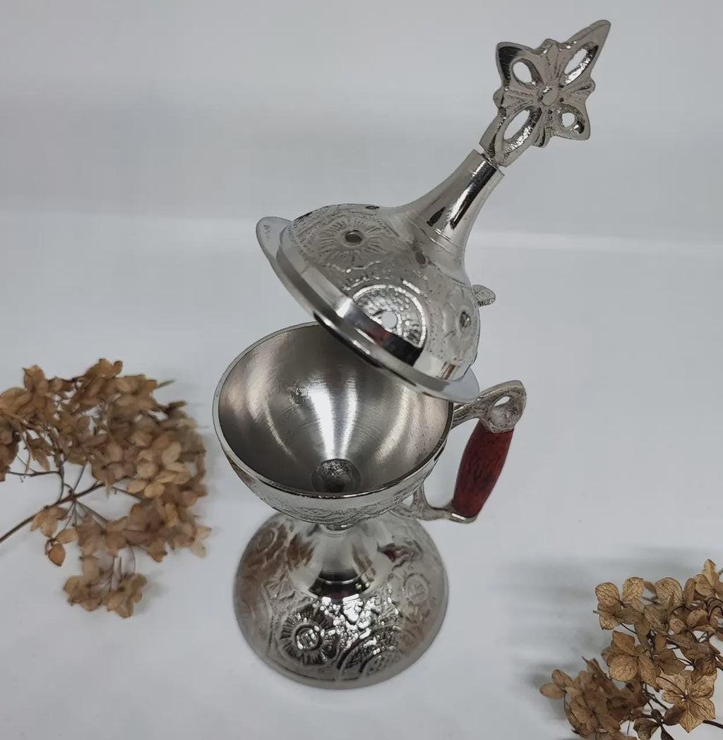 Silver Plated Metal Orthodox Incense Burner 6.7in, Greek Home Censer, Byzantine Censer, Church Incense Holder, Prayer Tool