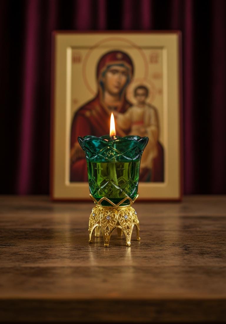 Brass Table Icon Lamp 3.93in × 2.95in, Oil Candle, Vintage Glass Oil Lamp, Orthodox Christian Prayer Light, Eastern Orthodox Decor