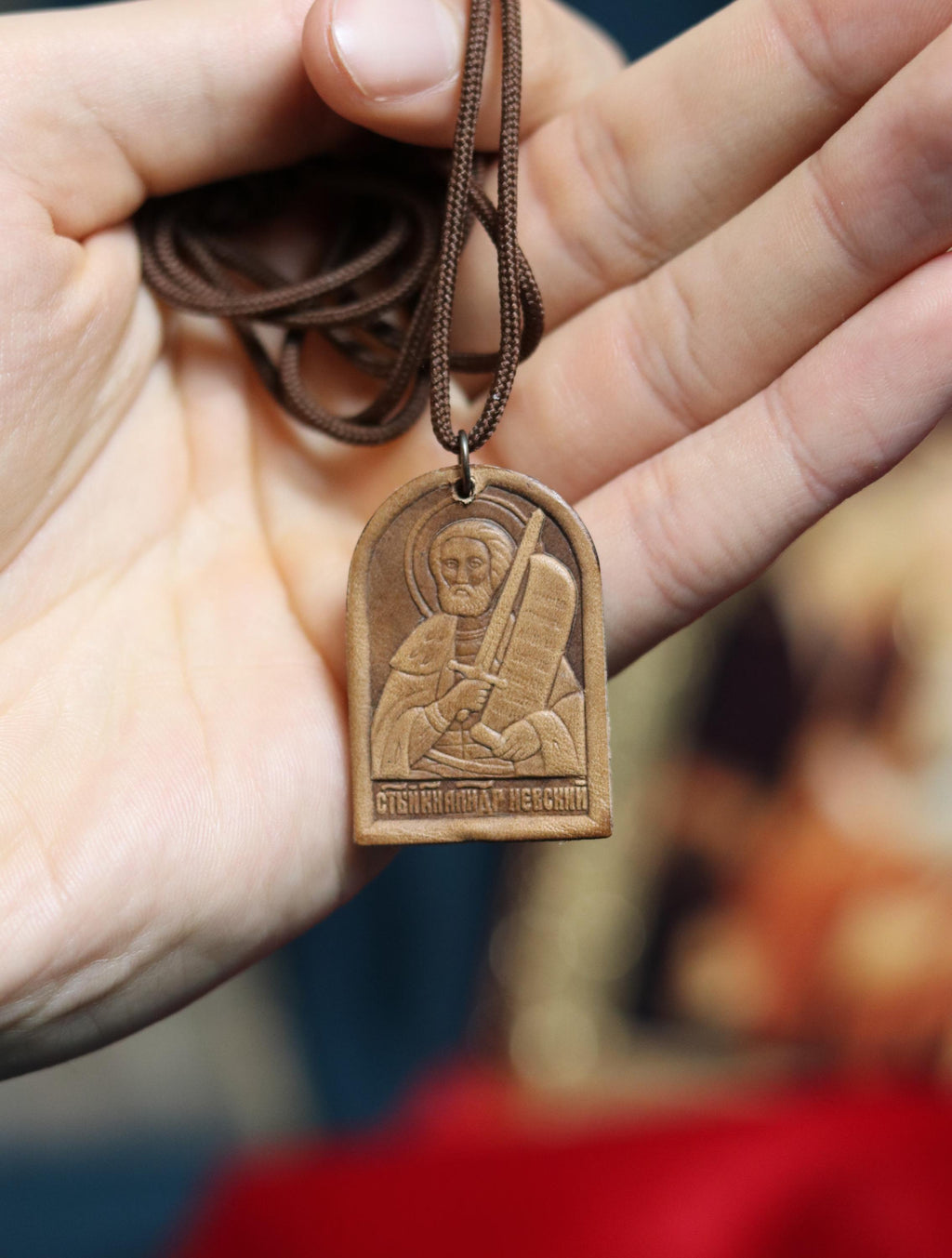 Orthodox Leather Pendant Icon – St. Alexander Nevsky – Handmade Wearable Icon – Christian Amulet Necklace – Eastern Orthodox – Pocket Icon