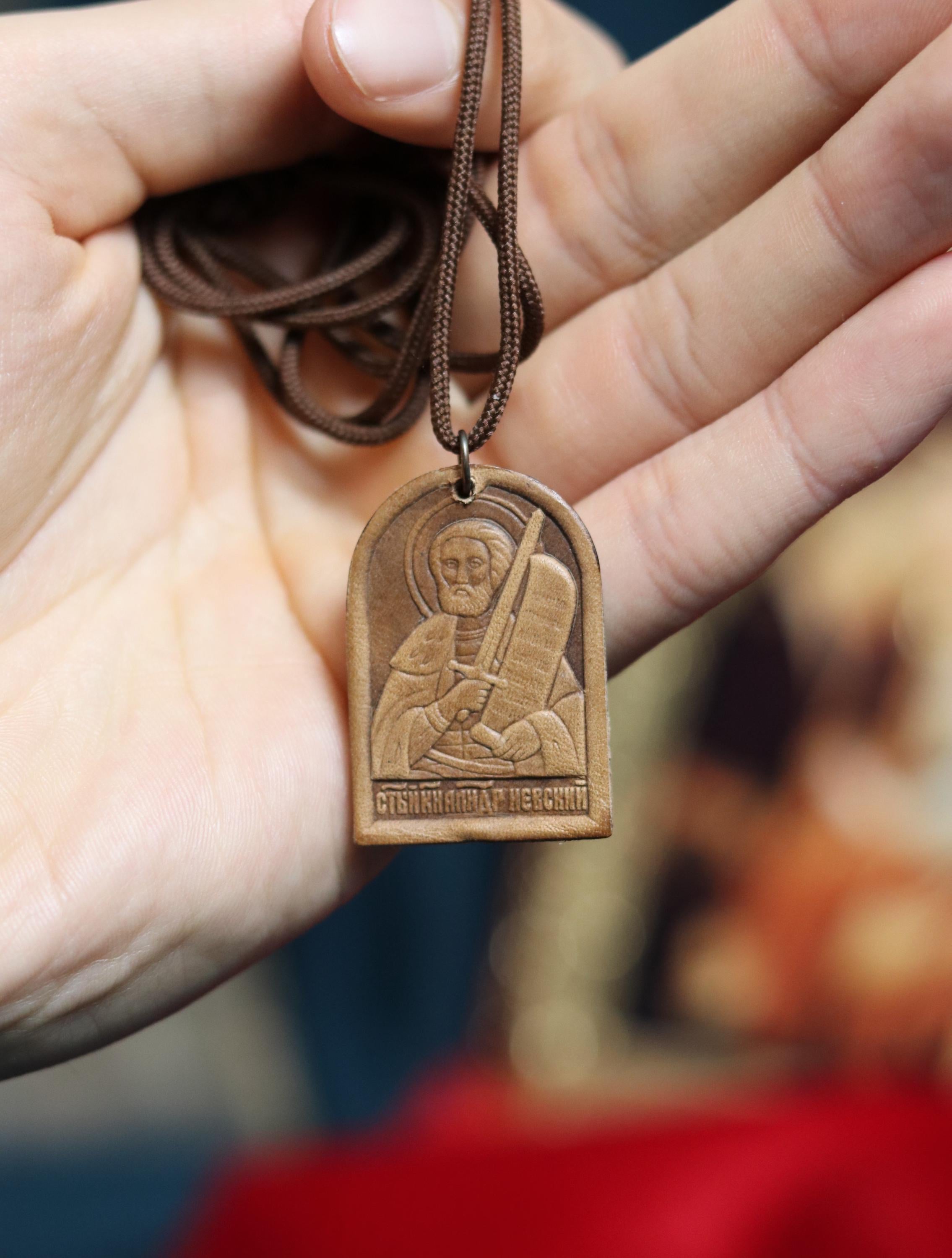 Orthodox Leather Pendant Icon – St. Alexander Nevsky – Handmade Wearable Icon – Christian Amulet Necklace – Eastern Orthodox – Pocket Icon