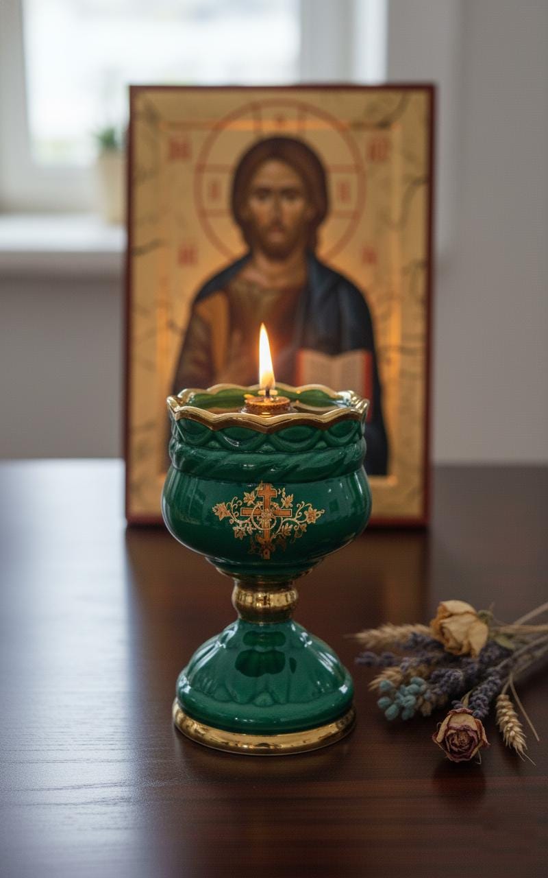 Christian green Ceramic Table Oil Lamp 5.5in. Set Includes: Lamp, floating wick, wick holder