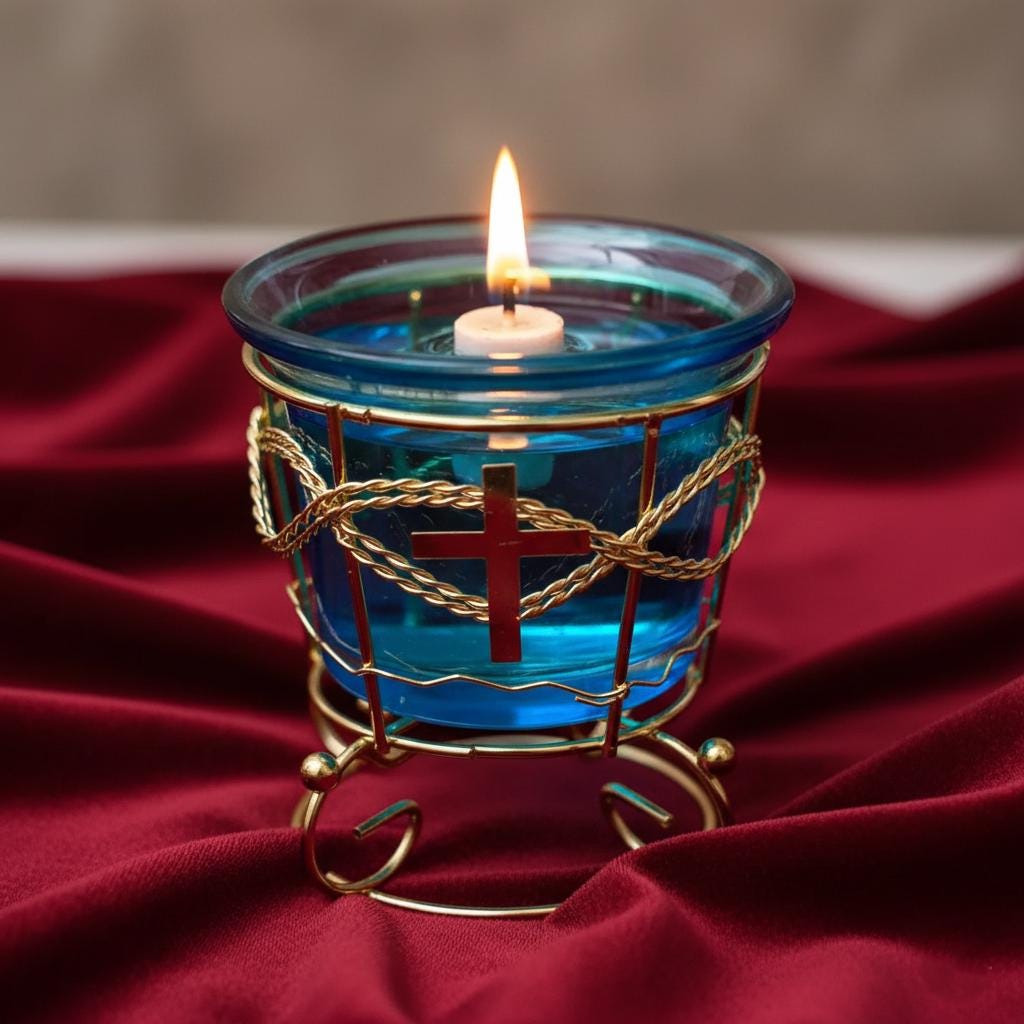 Blue Glass Oil Lamp in Metal Stand  – Orthodox Candle Holder for Prayer