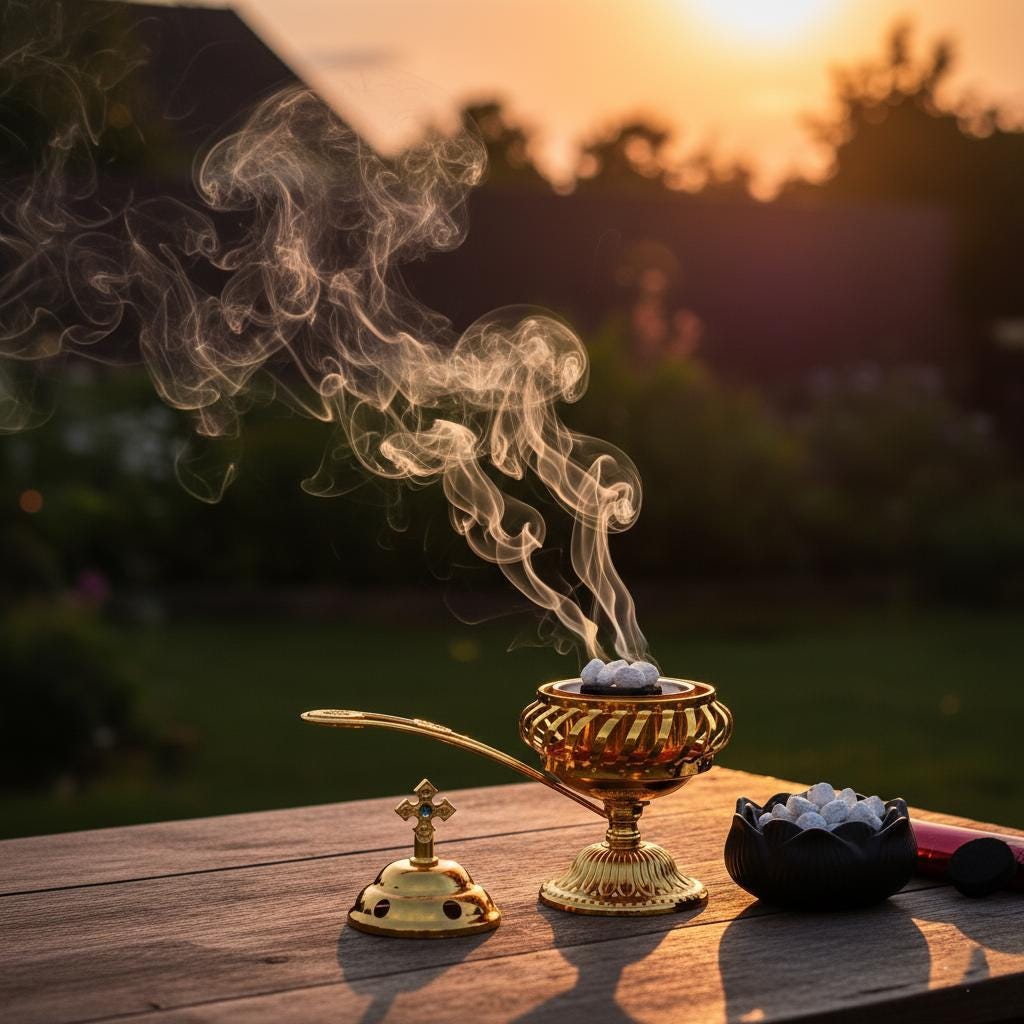 Orthodox Incense Burner Set: 5.5 inch Gold Metal Censer, 50g Frankincense, 6 Charcoal Tablets, Prayer Kit