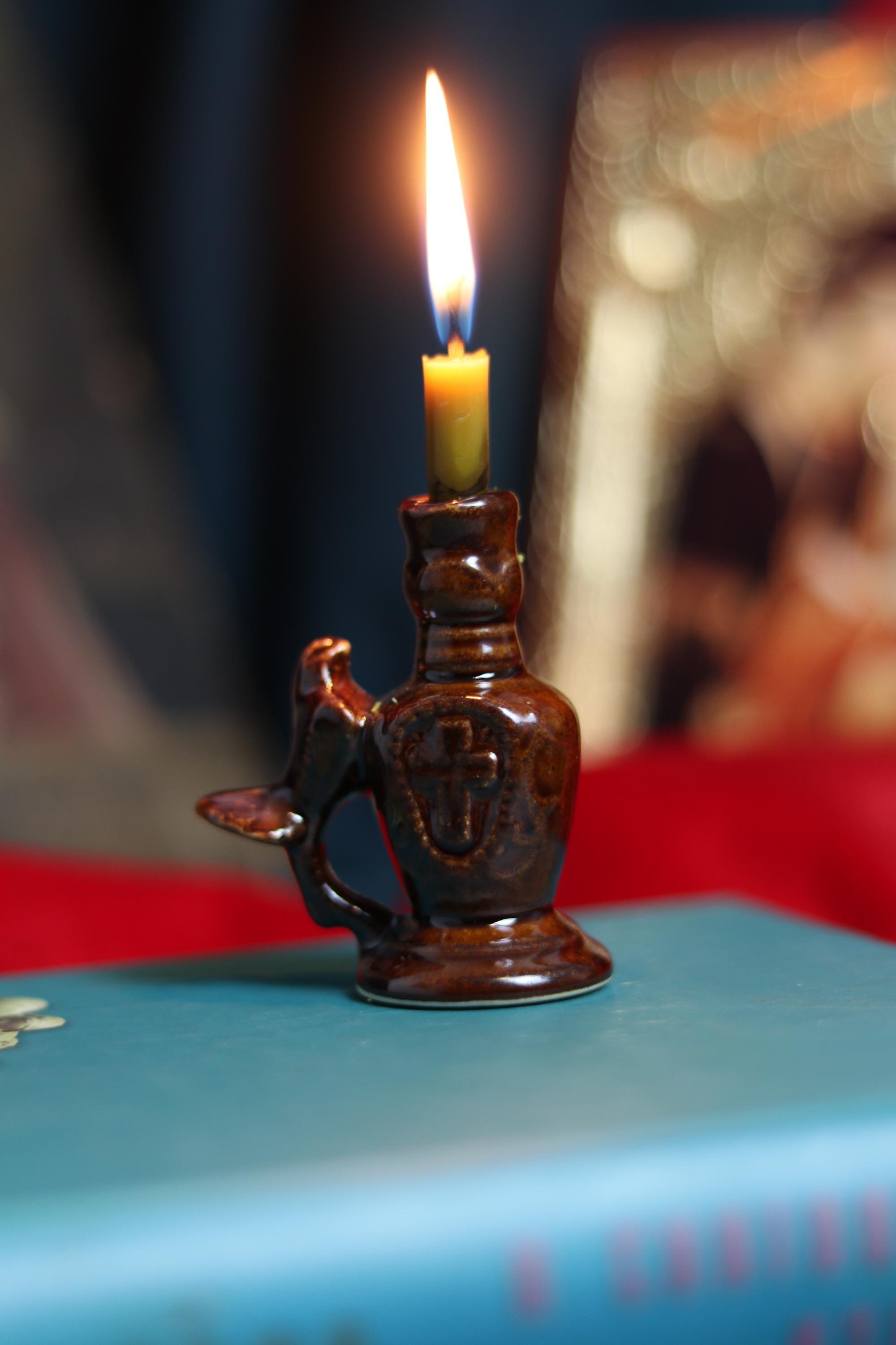 Ceramic Candle Holder with Dove and Cross Relief – Handmade Religious Pottery – 7cm Brown Glazed