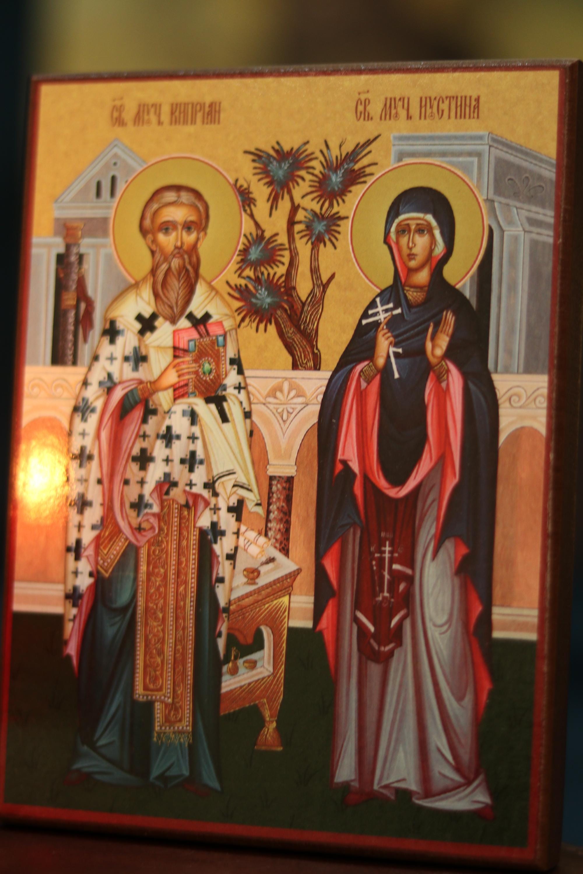 Wooden Orthodox Icon 6.3x4.7 in Saints Cyprian and Justina, Home Altar Decor, Christian Gift