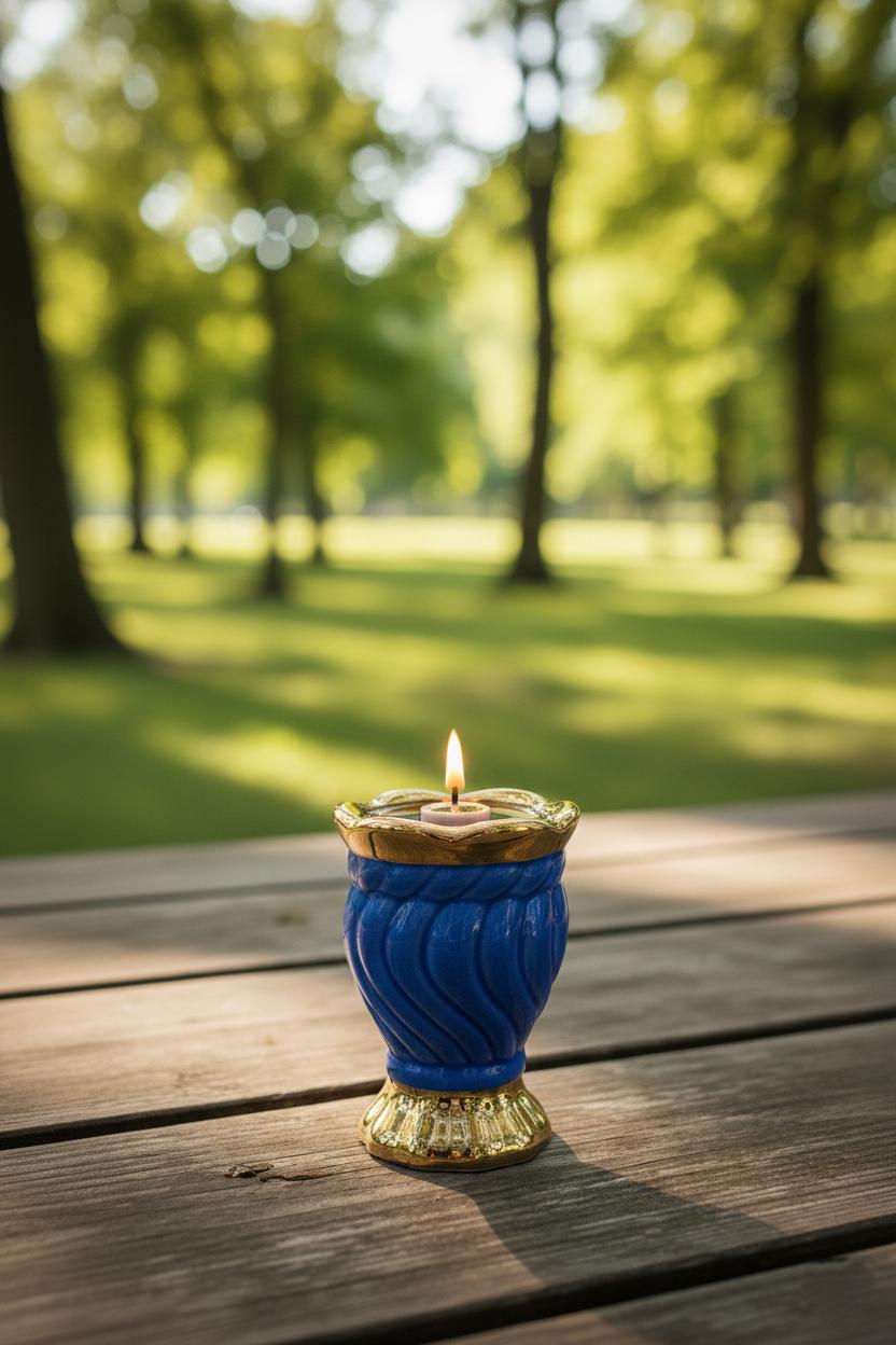 Blue & Gold Ceramic Table Oil Lamp 3.5in, Cross Design, Orthodox Prayer Lamp with Wick Holder + 10 Wicks
