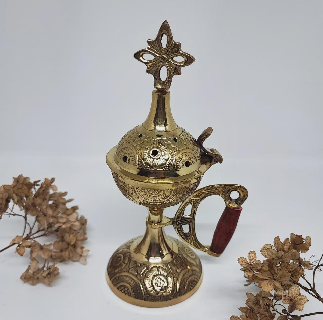 Metal Incense Burner 6.7in Set – Greek Censer with Embossed Design, 50g Greek Incense, 24mm Charcoal Tablets, Orthodox Prayer Kit