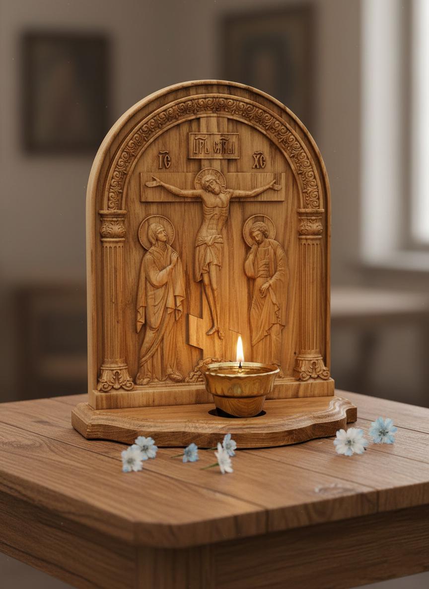 Wooden Golgotha 12 in, Carved Orthodox Icon With Lampada, Crucifixion Icon, Christian Home Decor