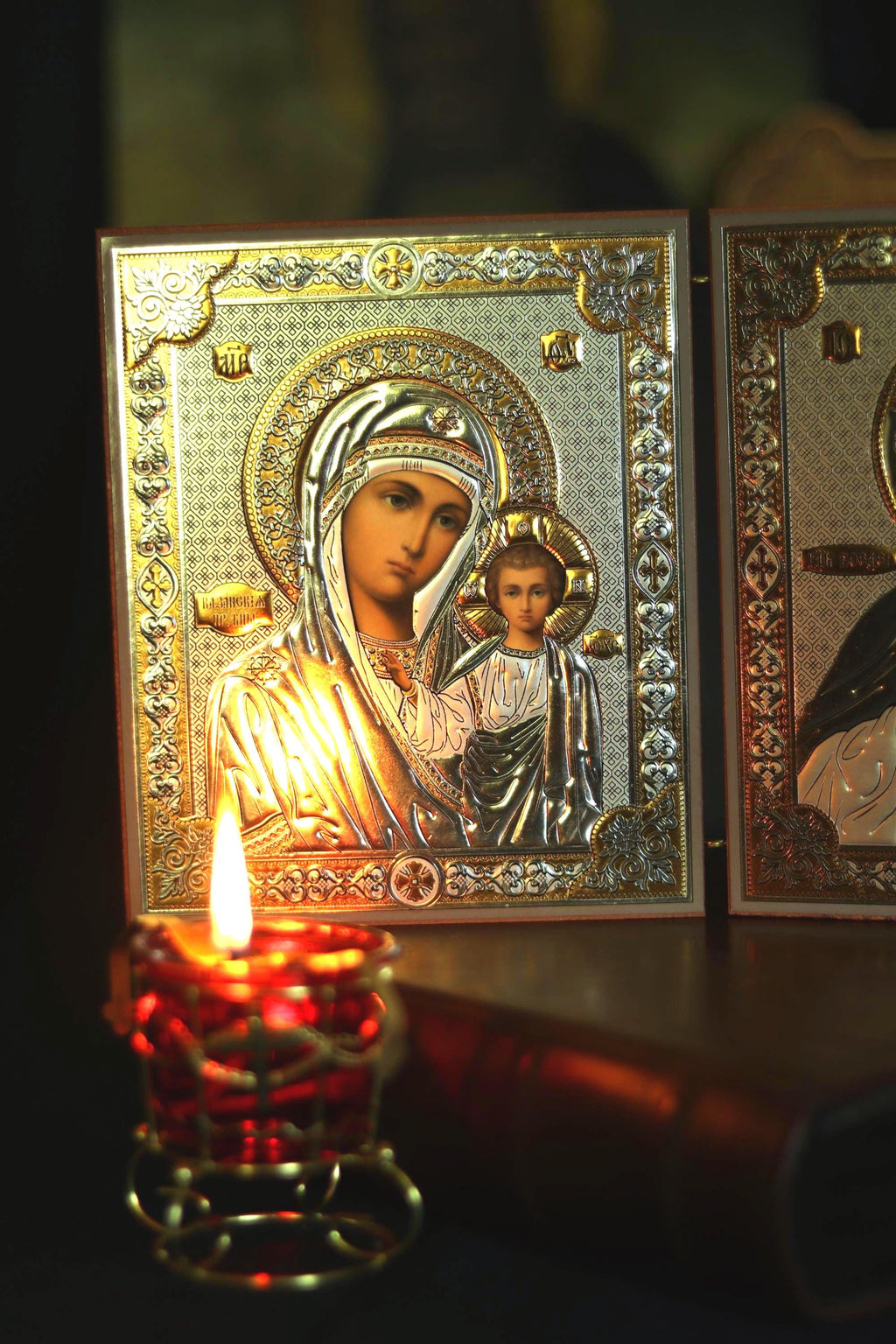 Mother of God Kazan and Savior Diptych Wooden Orthodox Icon 4.7in