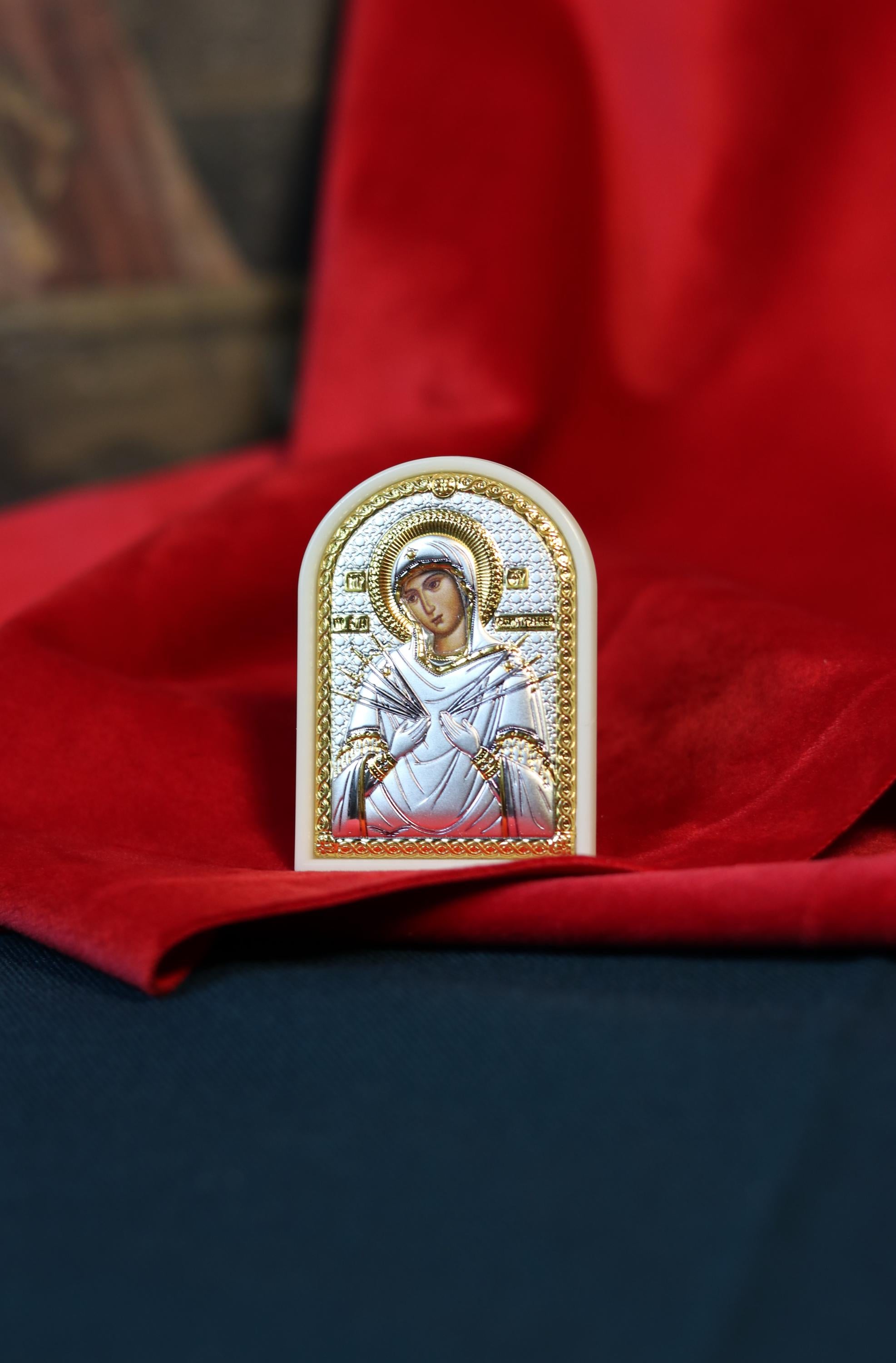 Mini Orthodox Icon of Virgin Mary "Softener of Evil Hearts" – 1.89 x 2.56 in – 925 Silver & Gold – Blessed Travel Icon – Handmade