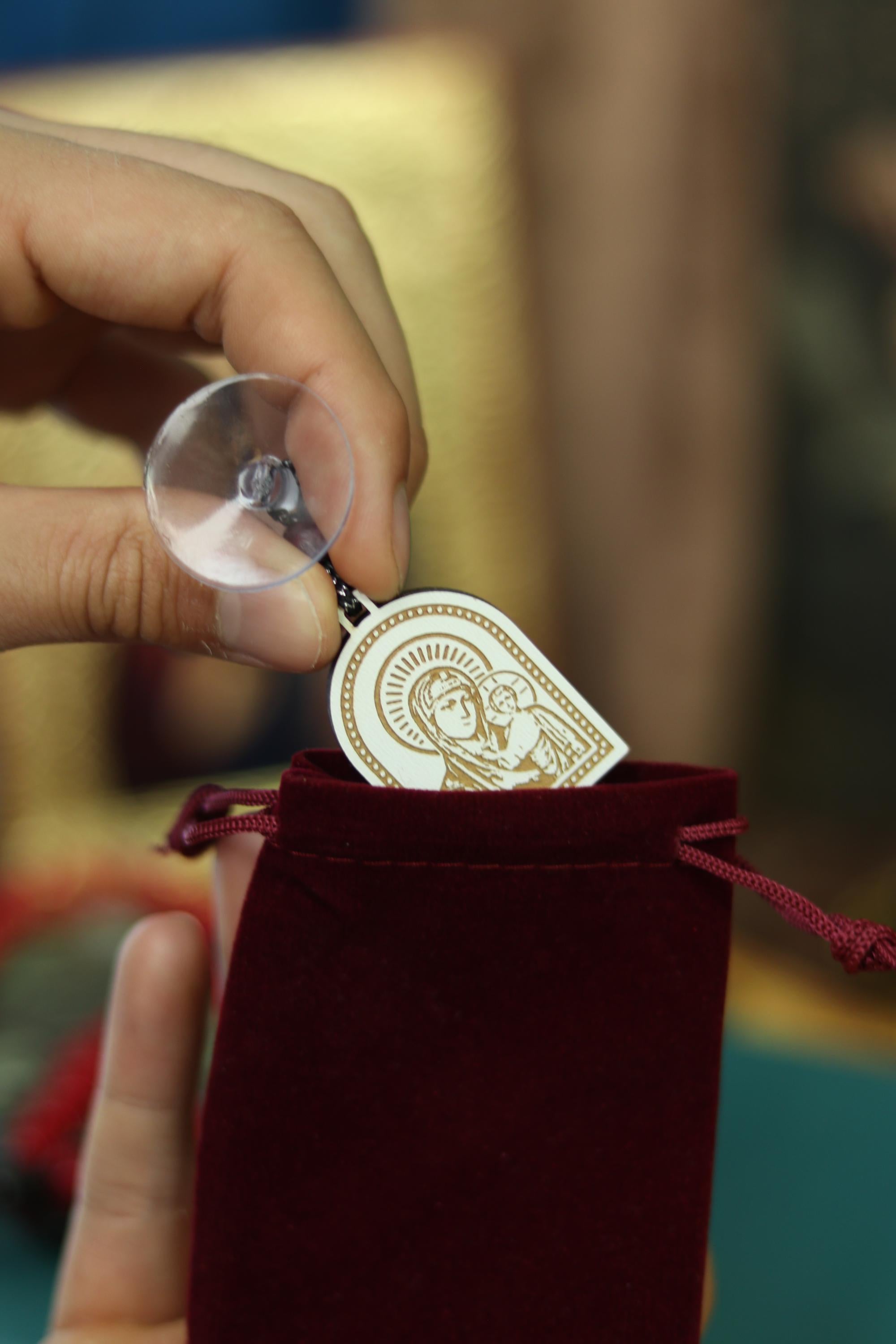 Car Charm Icon “Jesus & The Holy Virgin Mary” – Blessed Orthodox Wooden Pendant with Suction Cup, 3x4.5 cm