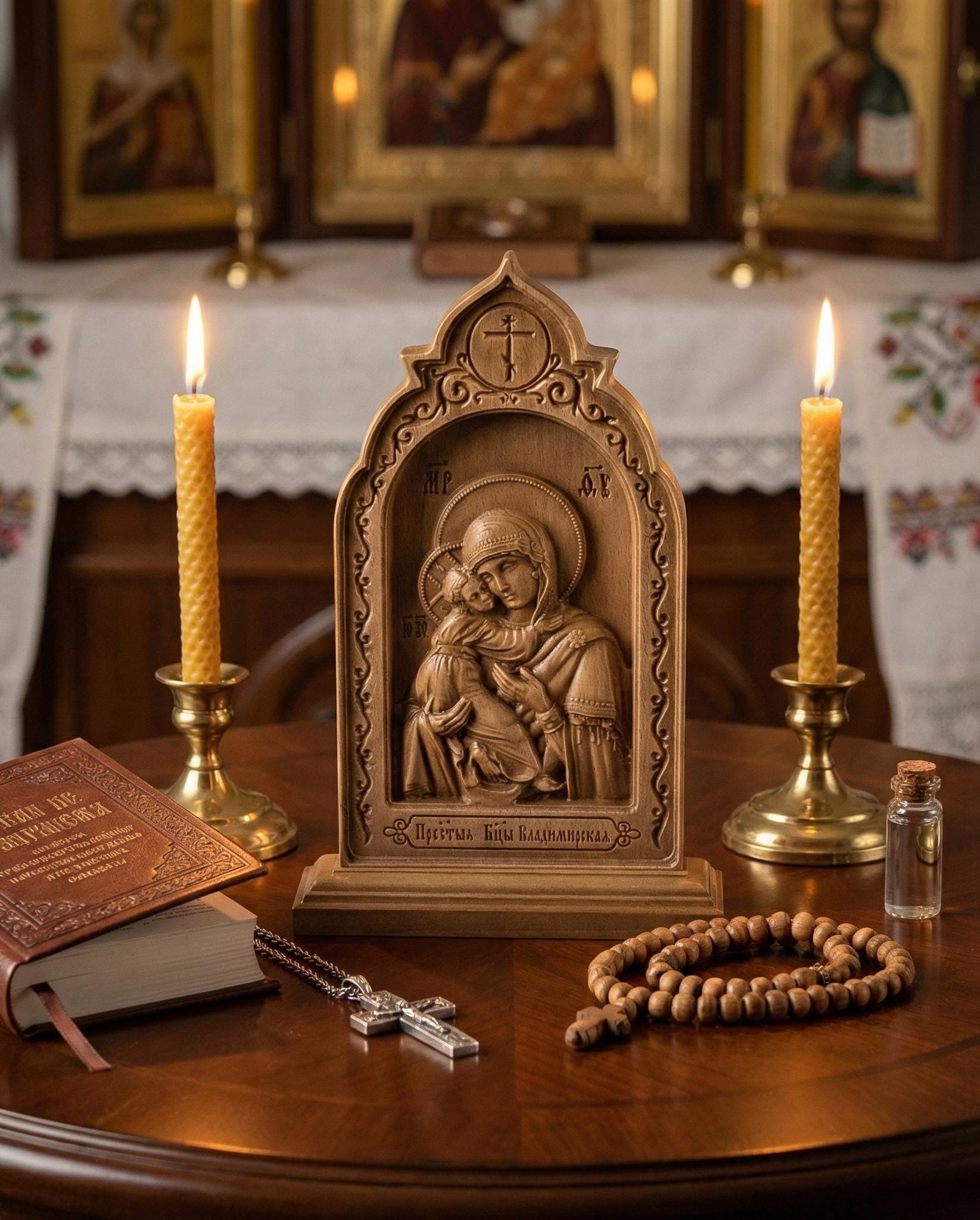 8.27x4.53in Wooden Carved Vladimir Icon of the Mother of God, Orthodox Icon, Religious Decor, Prayer Corner Icon, Christian Gift