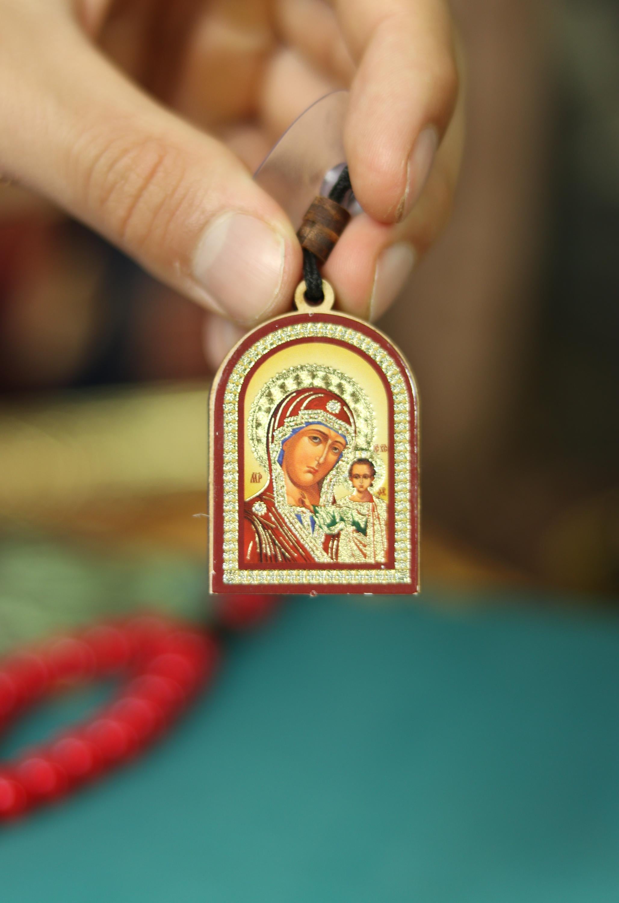 Double-sided Wooden Icon 1.2x1.8 in, Jesus Christ & Virgin Mary, Car Pendant, Orthodox Icon, Religious Gift, Holy Car Charm, Faith Decor