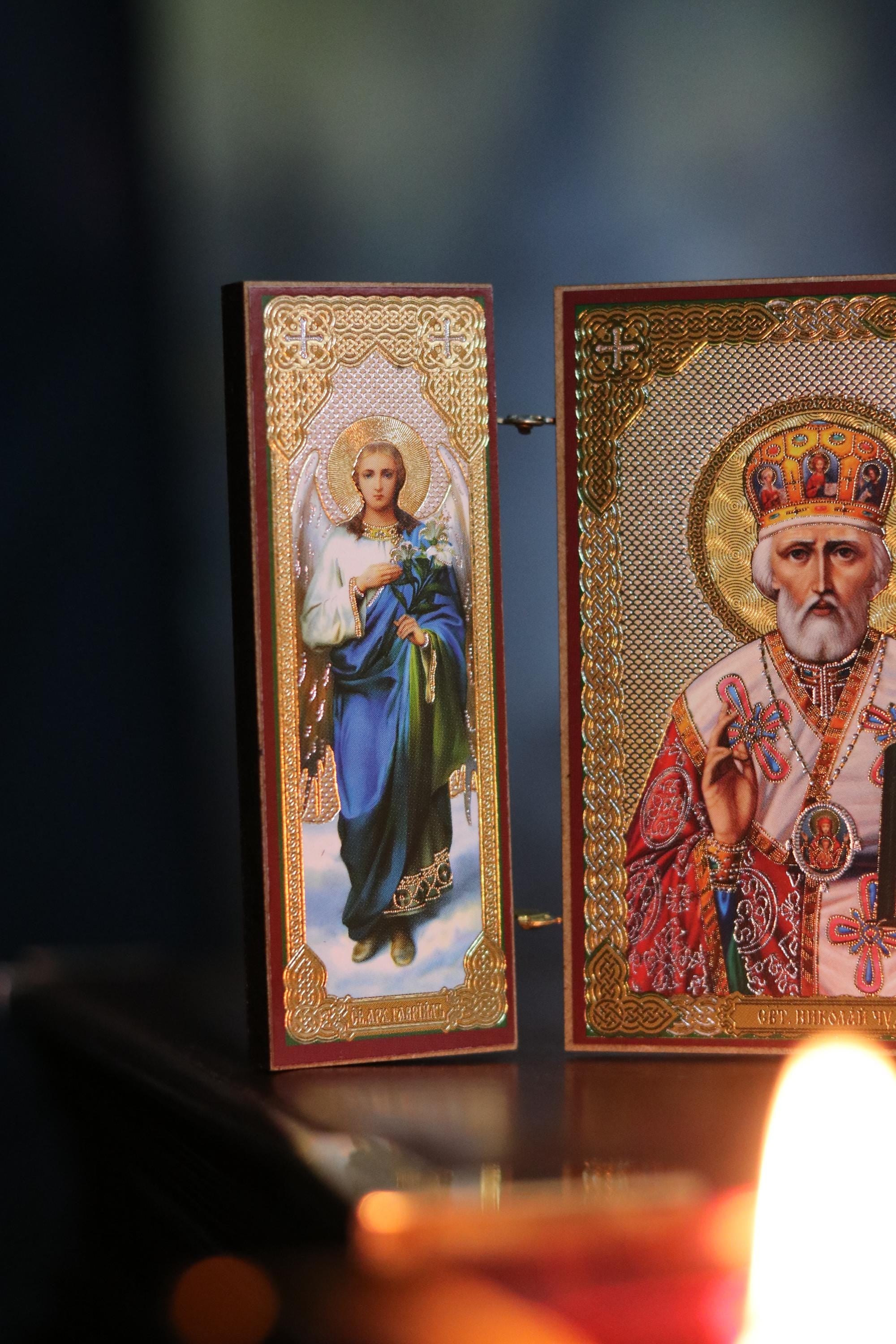 Wooden Orthodox Triptych Icon 3.5in, Saint Nicholas Icon, Travel Folding Icon