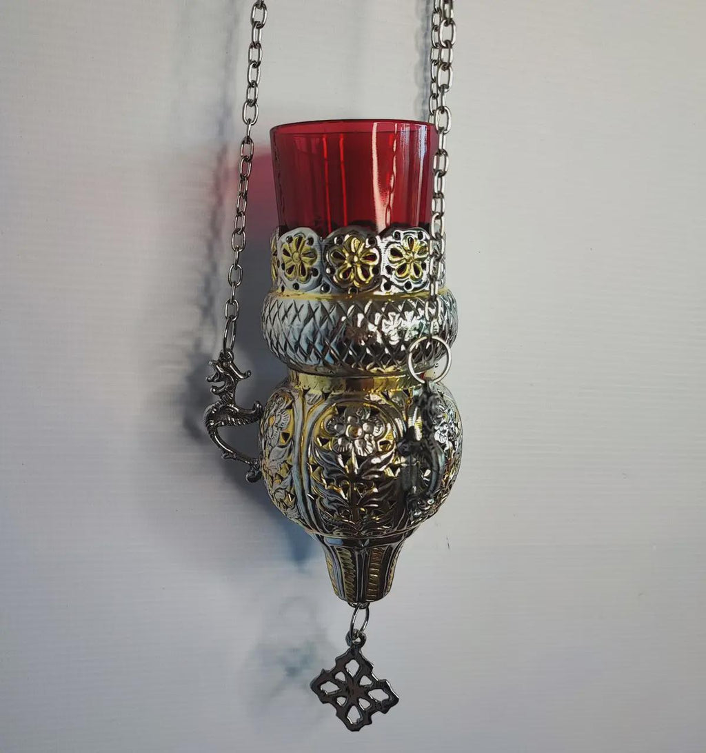 Hanging Oil Lamp 9.06in, Gold Plated Brass Lamp, Orthodox Church Lamp, Greek Lampada, Icon Lamp, Prayer Corner