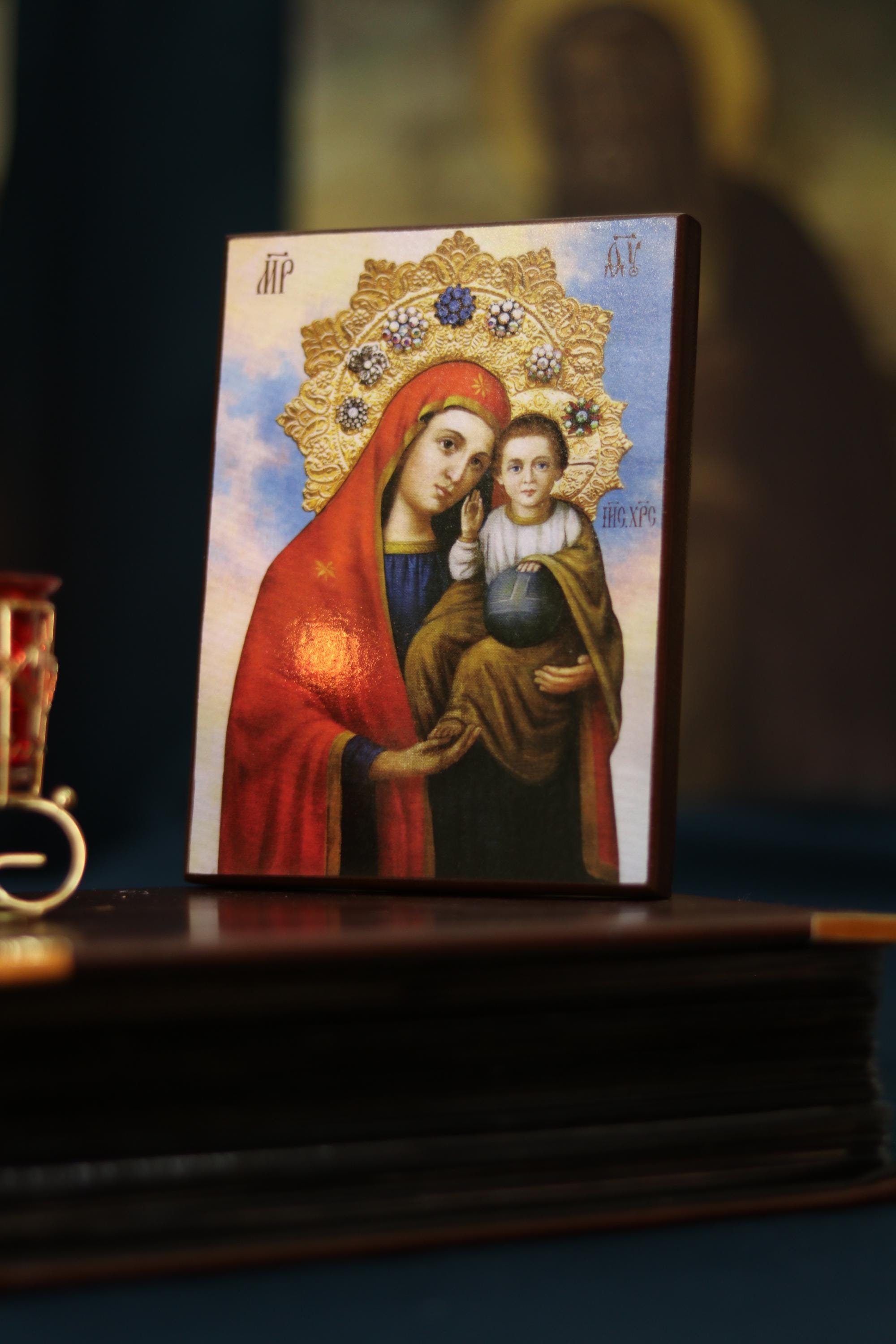 Virgin Mary Icon with Child Wood Orthodox Icon 6.3in Christian Decor Gift