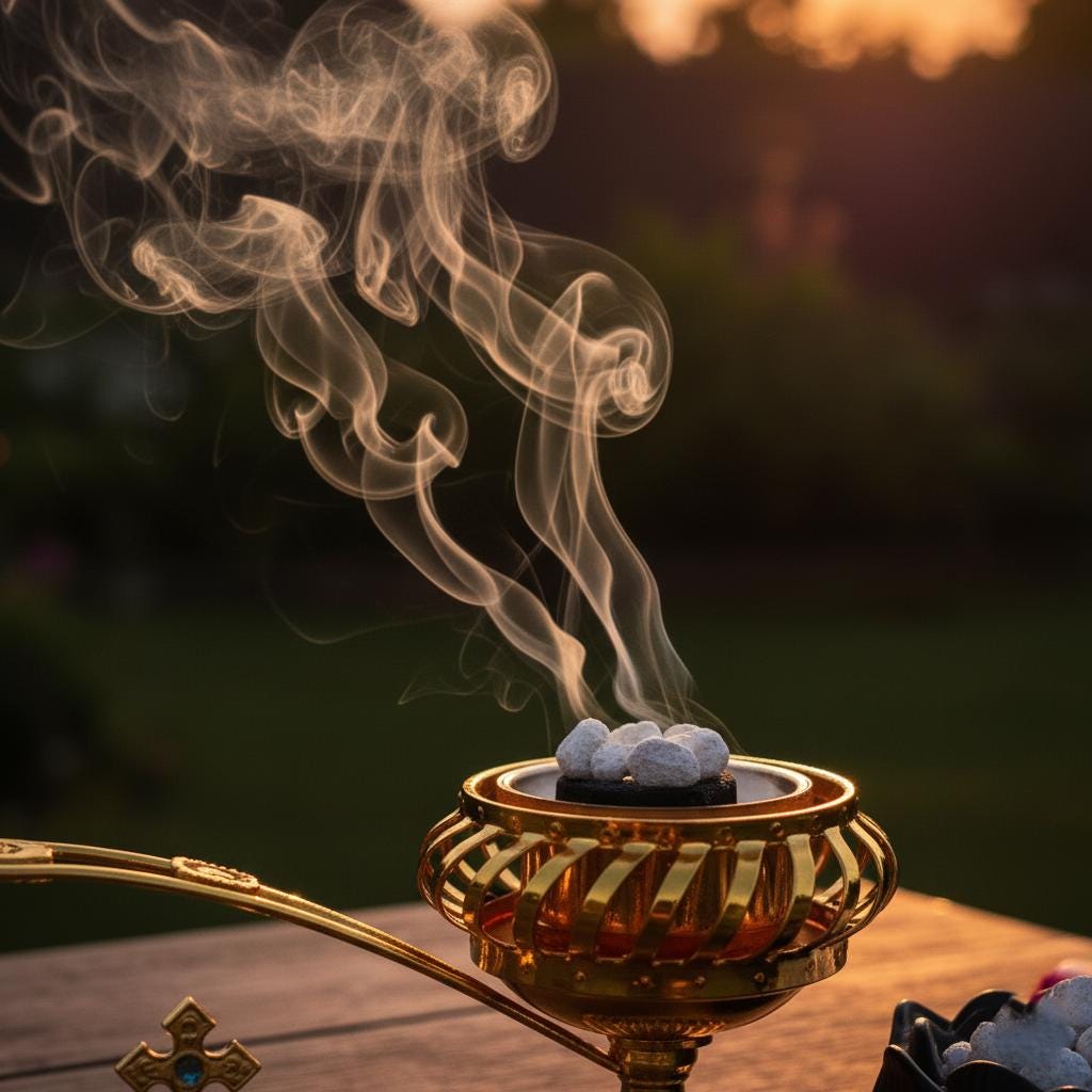 Orthodox Incense Burner Set: 5.5 inch Gold Metal Censer, 50g Frankincense, 6 Charcoal Tablets, Prayer Kit