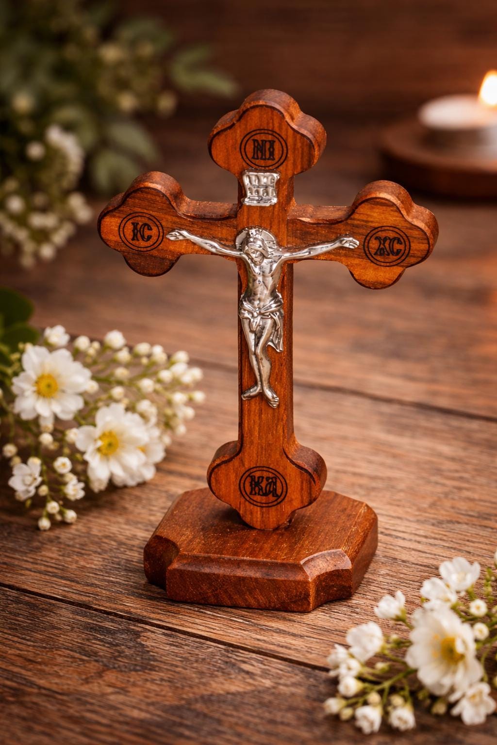 Wooden Cross with Stand 4.3x2.8 Inch, Orthodox Crucifix, Table Cross