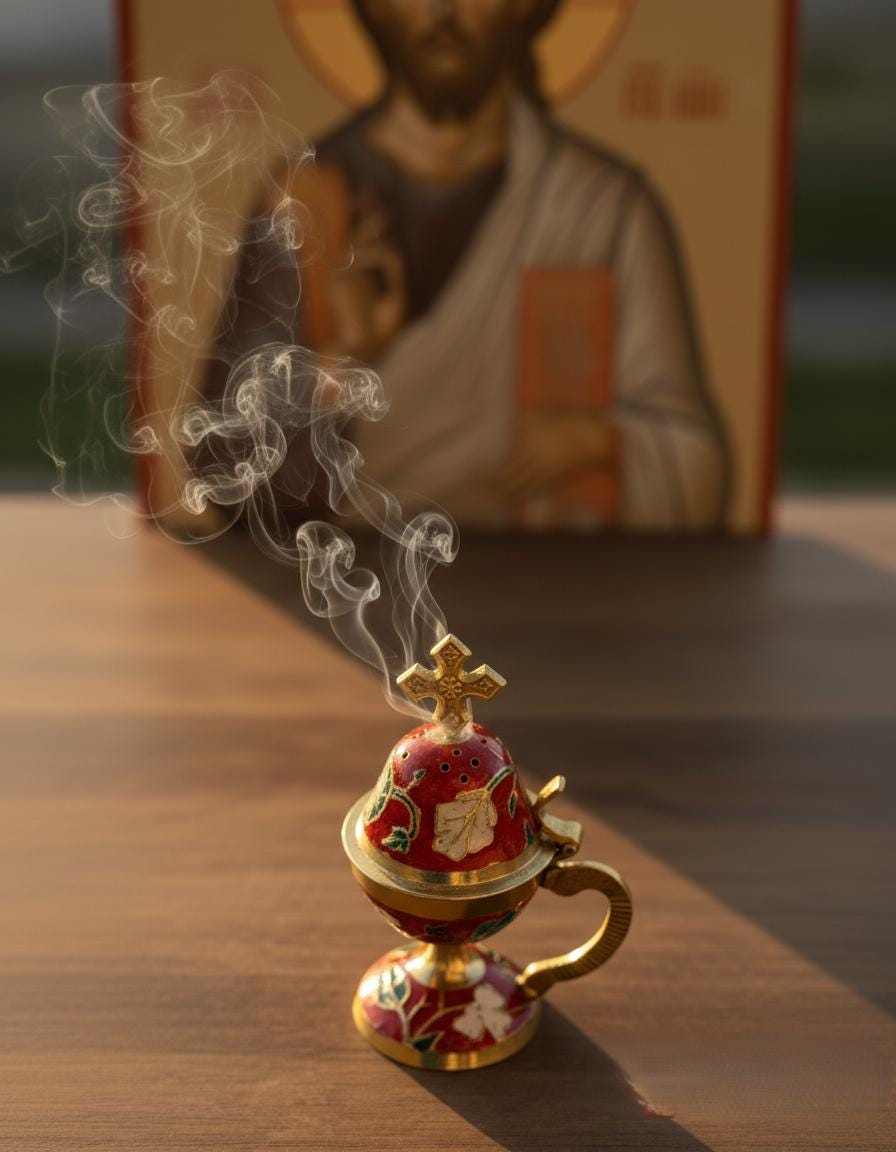 Incense burning set: metal enamel censer 5.9 in, 50 grams of Greek incense, 6 coals 24 mm.