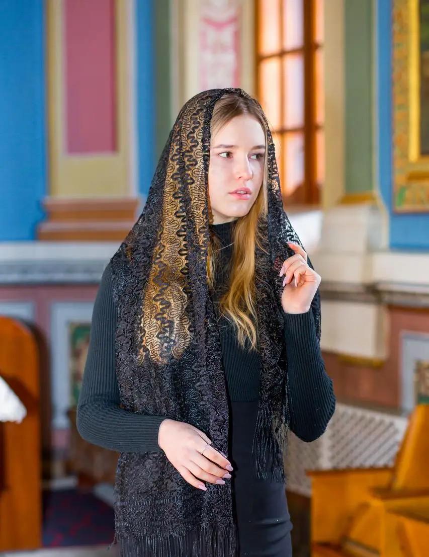 Black Church Headscarf, 65x18 Inch Women Lace Shawl, Orthodox Veil