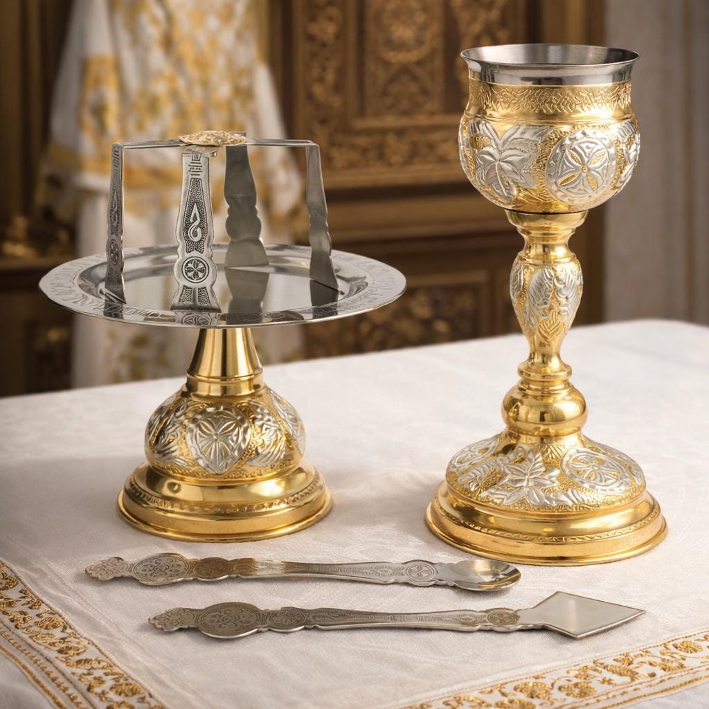 Brass Nickel Eucharist Set 250ml Chalice Diskos Set, Orthodox Communion Set, Spoon Spear Set