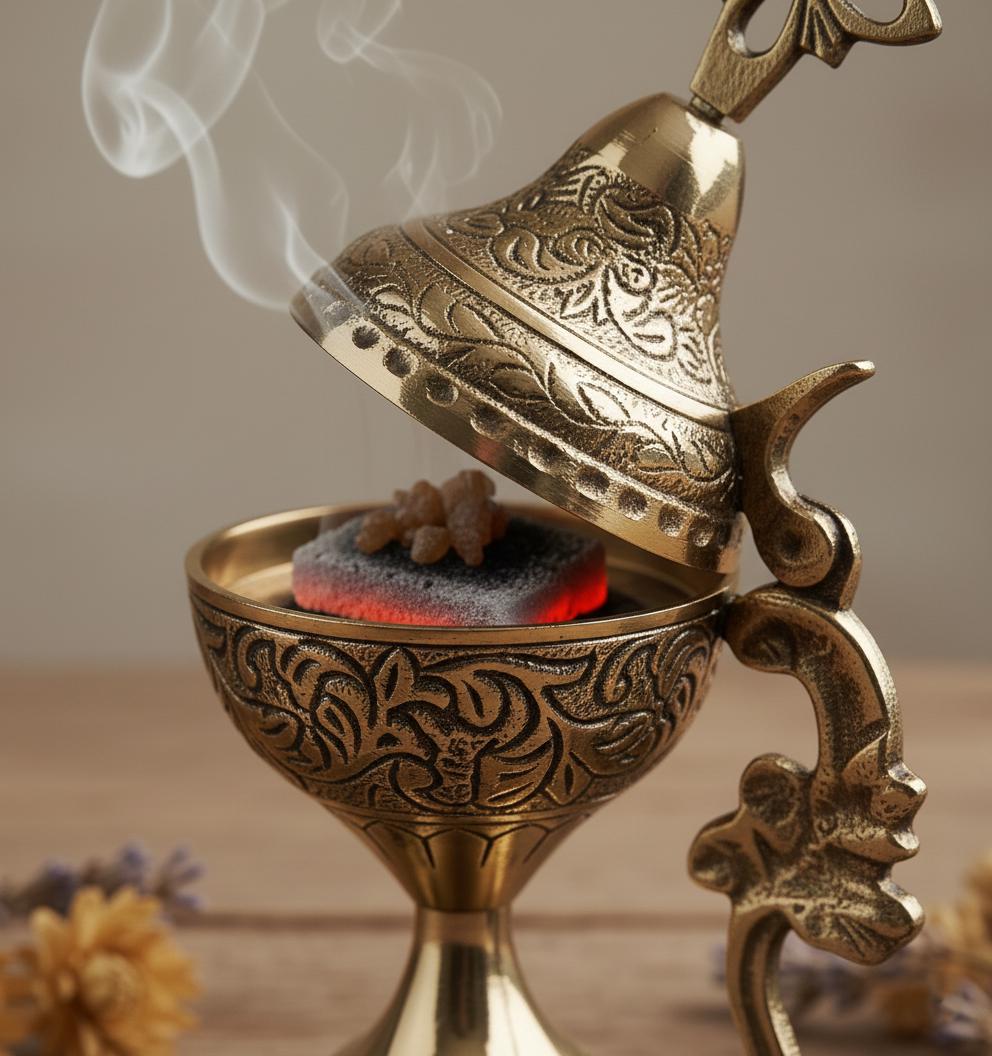 Orthodox Prayer Set: 5.5 in × 3.1 inch gold metal censer, 50 grams of incense, 6 charcoal tablets.