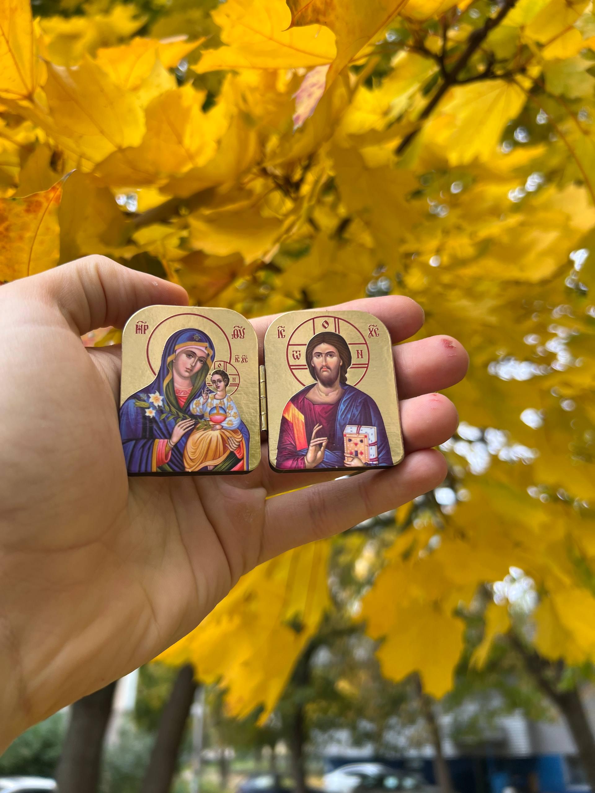 Wooden Orthodox Icon Diptych Virgin Mary Jesus Christ 1.8in Folding Icon