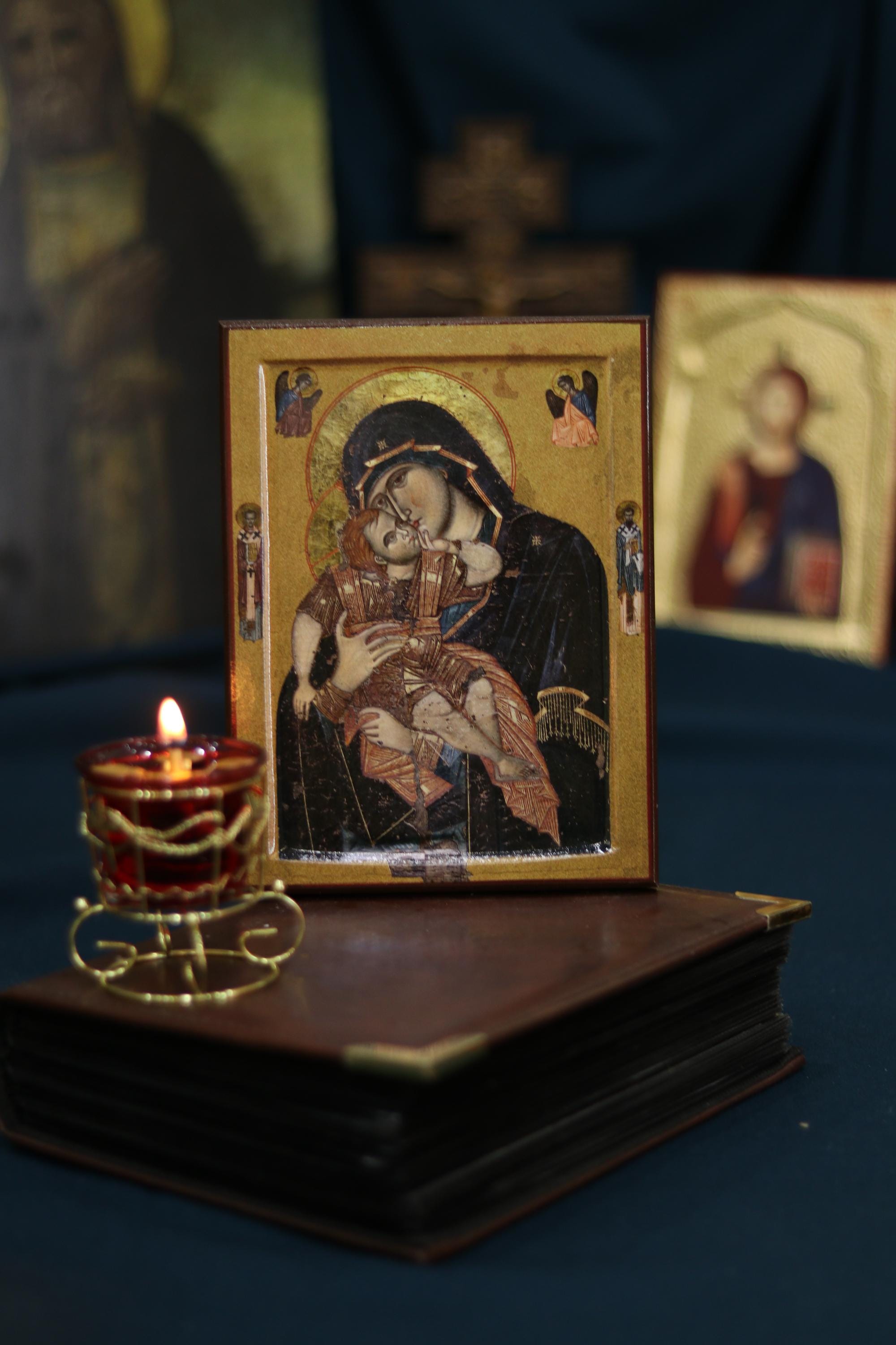 Sweet Kissing Mother of God Icon Orthodox Wooden 7.9x5.9in
