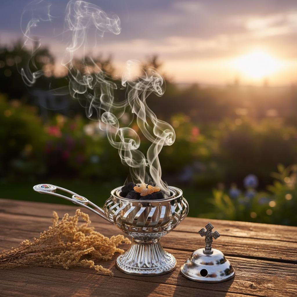 Orthodox Incense Burner Set, Silver Metal Censer 7.4x5.5in, Greek Frankincense, Charcoal Tablets, Christian Prayer Kit, Religious Gift