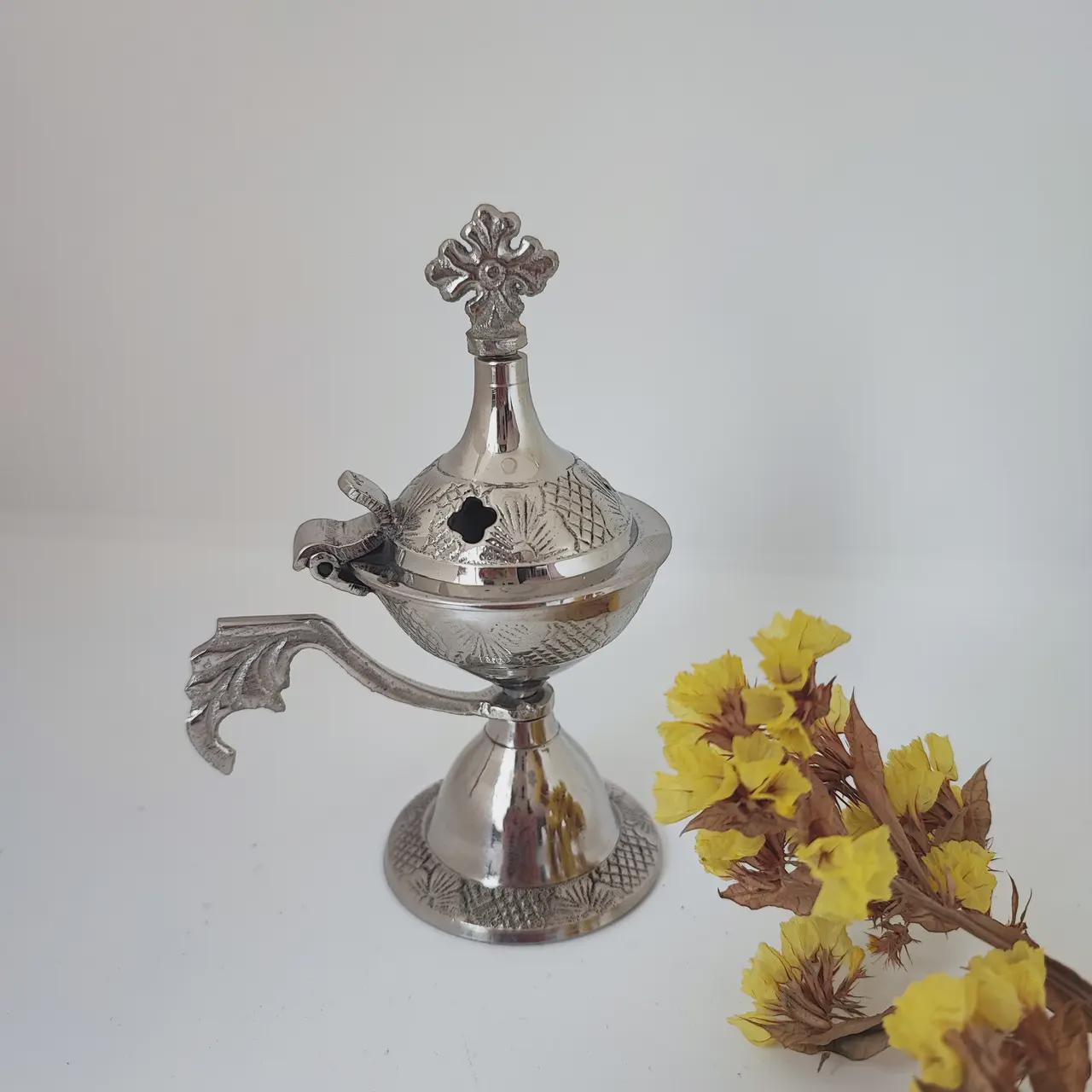 Small Silver Incense Burner 4.3in Set – Greek Orthodox Censer, 50g Greek Incense, 24mm Charcoal Tablets.