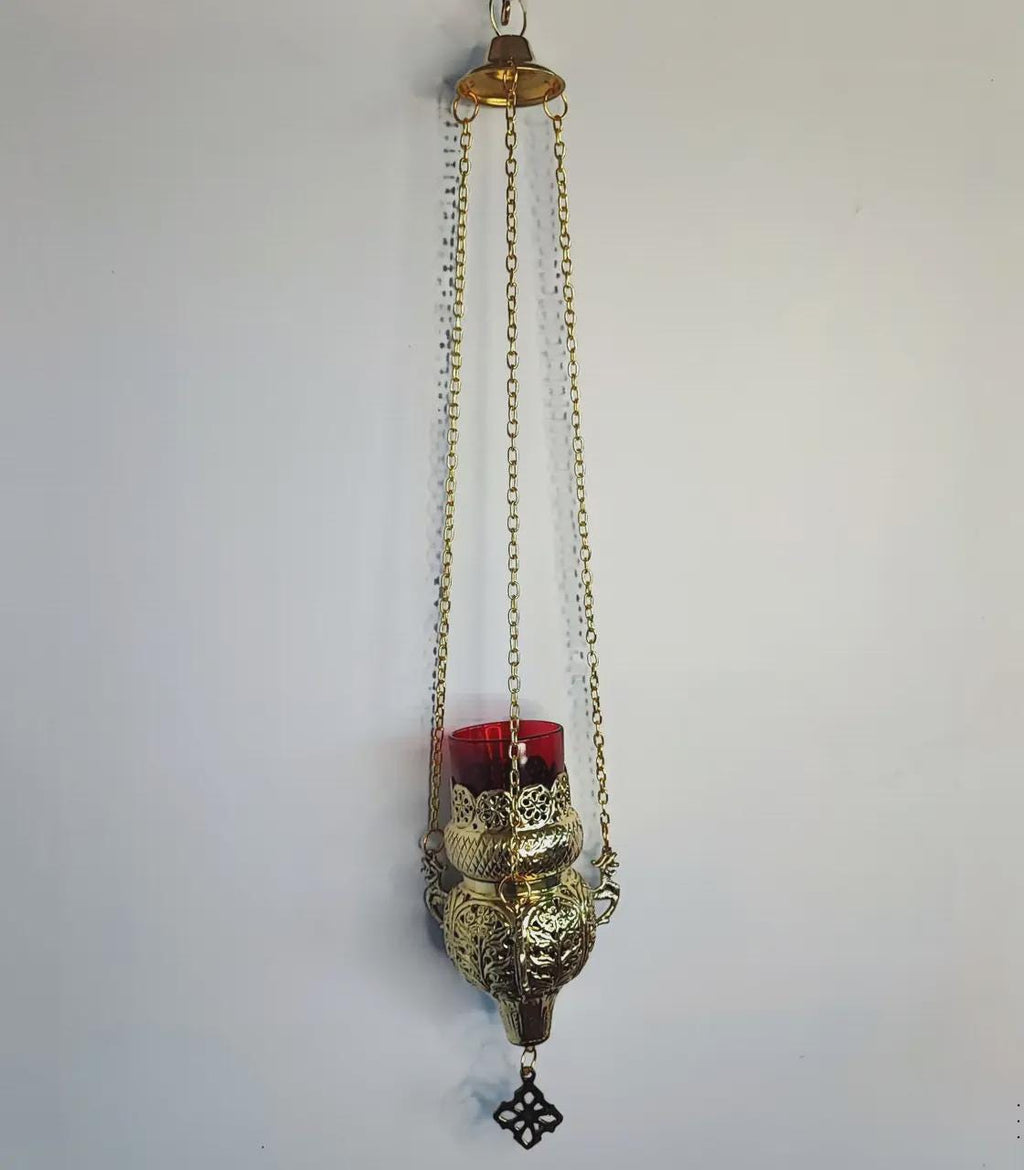 9.06 in Brass Hanging Lampada, Openwork Brass Hanging Oil Lamp, Greek Orthodox Lampada