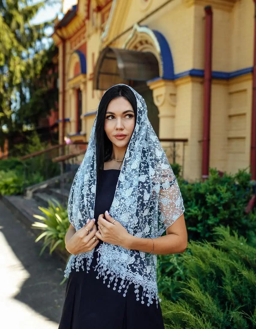 Blue Chiffon Women Scarf 61x20 Inch, Floral Lightweight Shawl, Elegant Summer Scarf