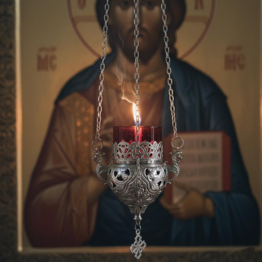 Hanging Lampada 4.7x2.6 in, Chain 15.7 in, Glass Lampada, Orthodox Icon Lamp